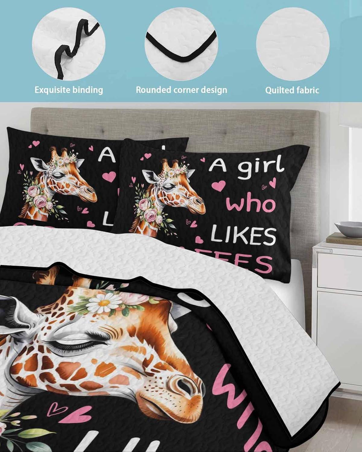 Full Quilt Sets with 2 Pillow Shams, Giraffes Flowers Lightweight Summer Quilts Full Size, A Girl Who Likes Giraffes Elegant Animals Black Bedspreads Coverlet Bedding Set 3 Pieces for All Season