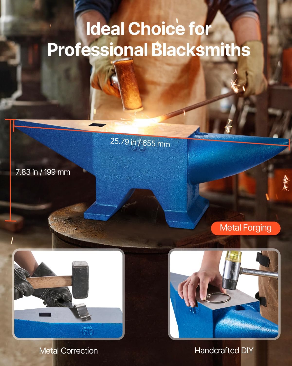 VEVOR Enclume de forgeron 132.3lbs(60 kg) Enclume d’acier Bleu Forger Riveter Aplatir Former le métal Travail du métal Traitement thermique Bijoutier Marteau comme cadeau Portable Robuste
