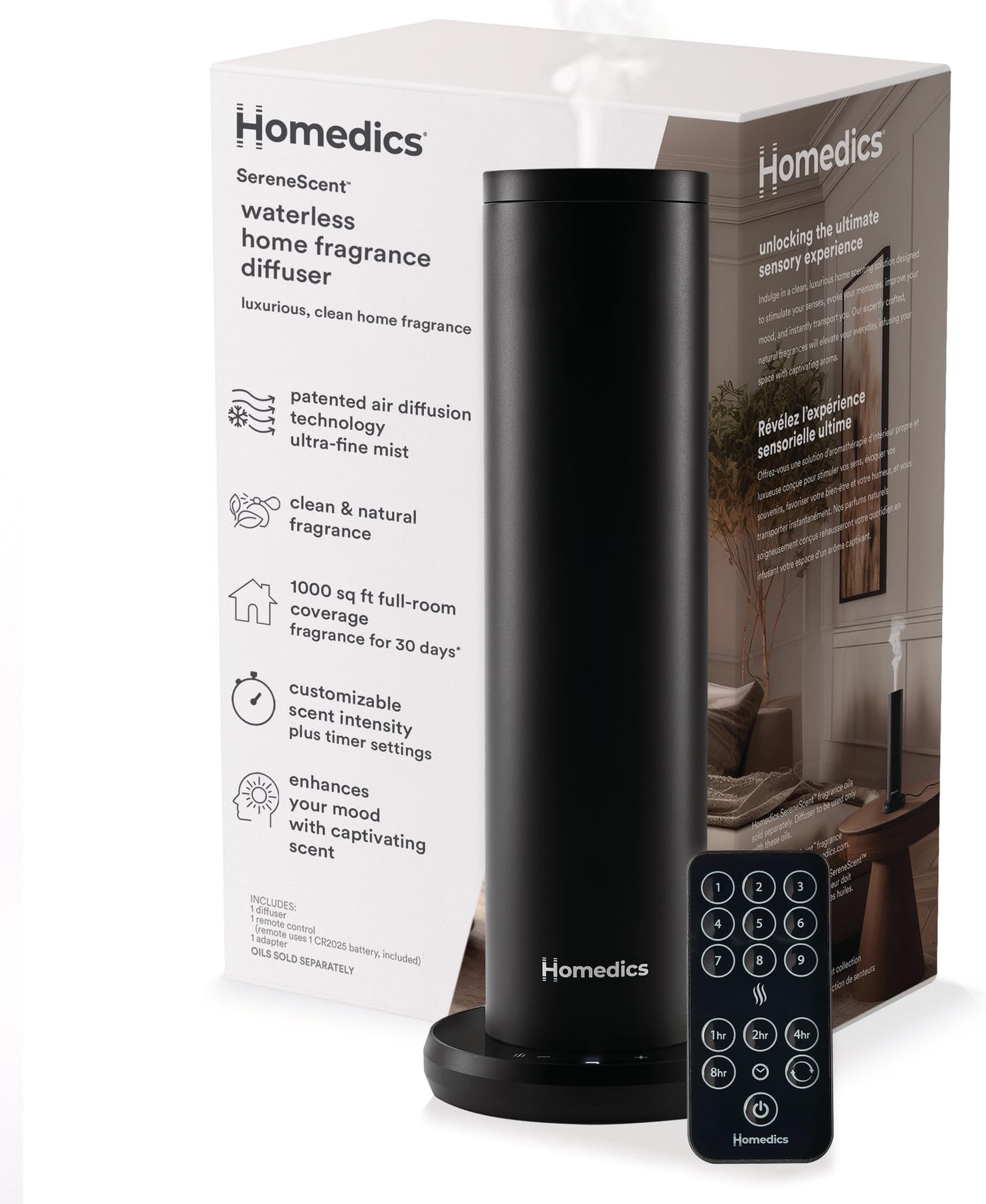 Homedics SereneScent Waterless Essential Oil Diffuser, Home Fragrance Scent Diffuser for Large Rooms, No Water Needed, Patented Air Diffusion Technology, Oil Sold Separately, Black