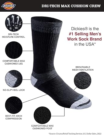 Dickies Men's Dri-tech Moisture Control Max Full Cushion Crew Socks, Available in M-xl (6, 12 Pairs)