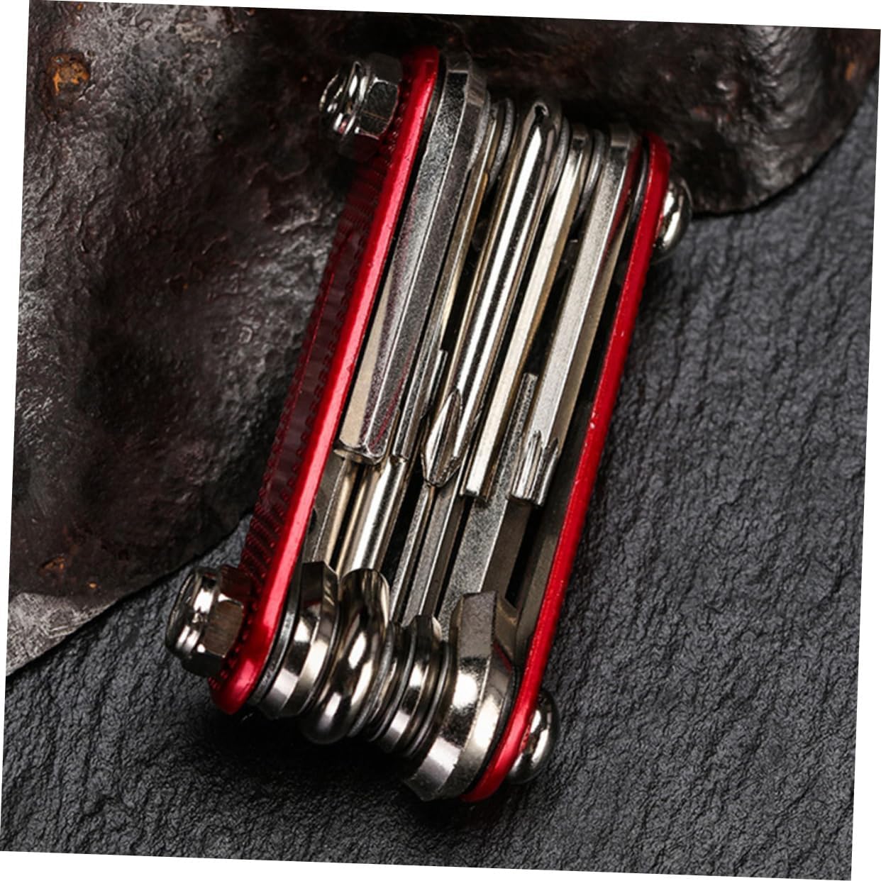 Folding Bike Repair Tool Kit with Wrench Portable Multi-tool for Bicycles Includes Socket for Easy Tire Repairs Red Color for Outdoor Cycling Enthusiasts