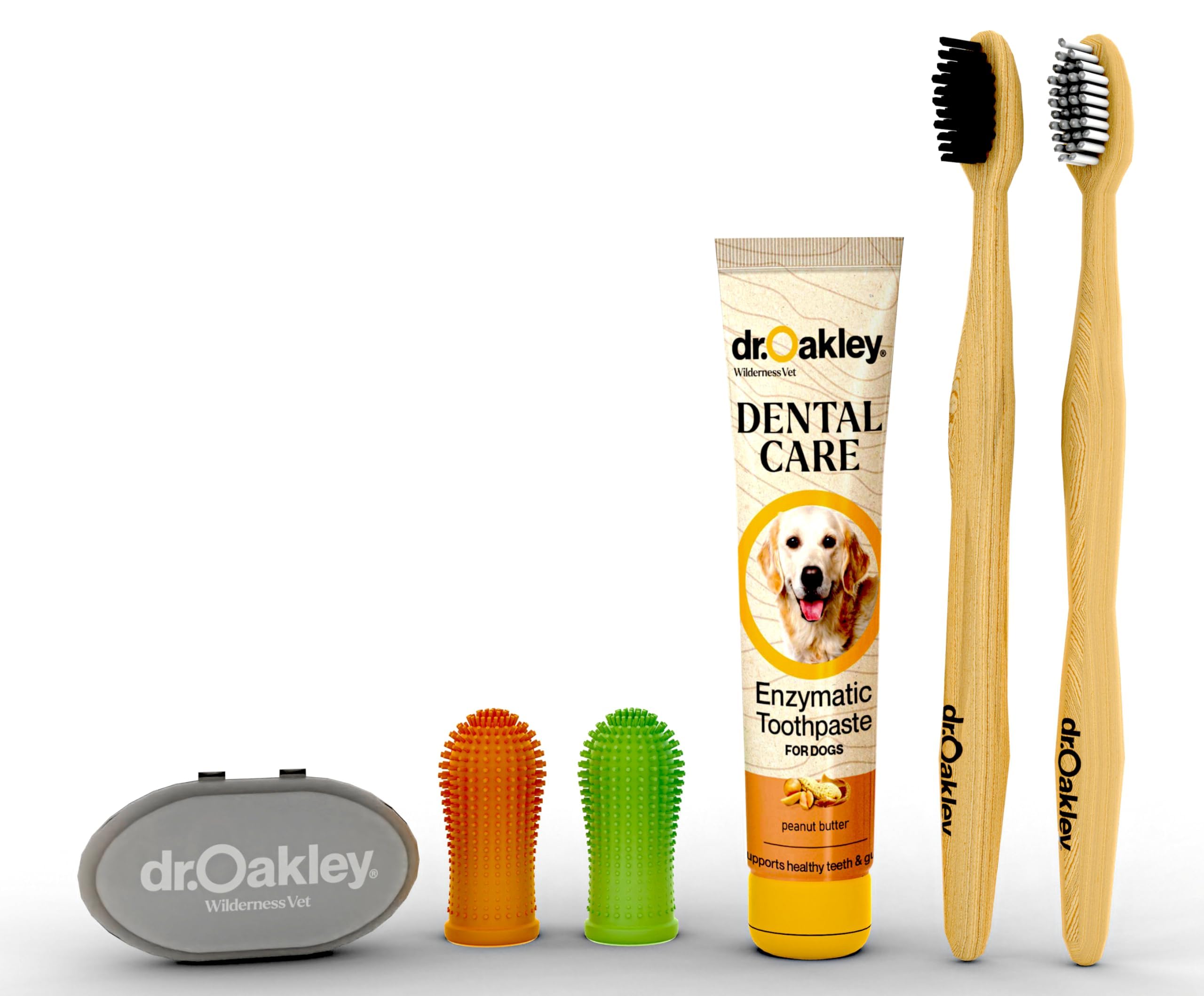 Dr. Oakley Total Dental Care Kit para perros: Sabor a mantequilla de maní, pasta de dientes, cepillos y estuche, natural