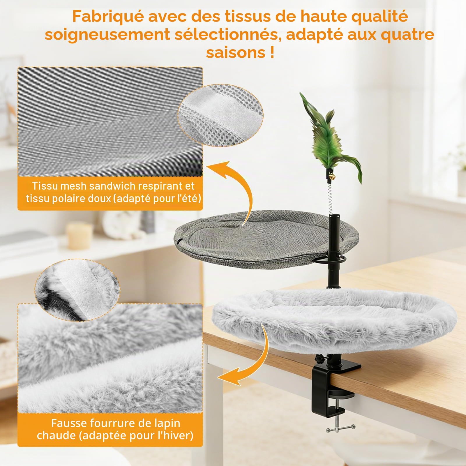 Double Couche Lits pour Chats de Bureau, avec Barre à Ressort, Réglage en Hauteur, Rotation à 360°, Charge Maximale de 20 kg, Hamac pour Chats, Idéal pour Le Bureau, la Maison et Les Espaces