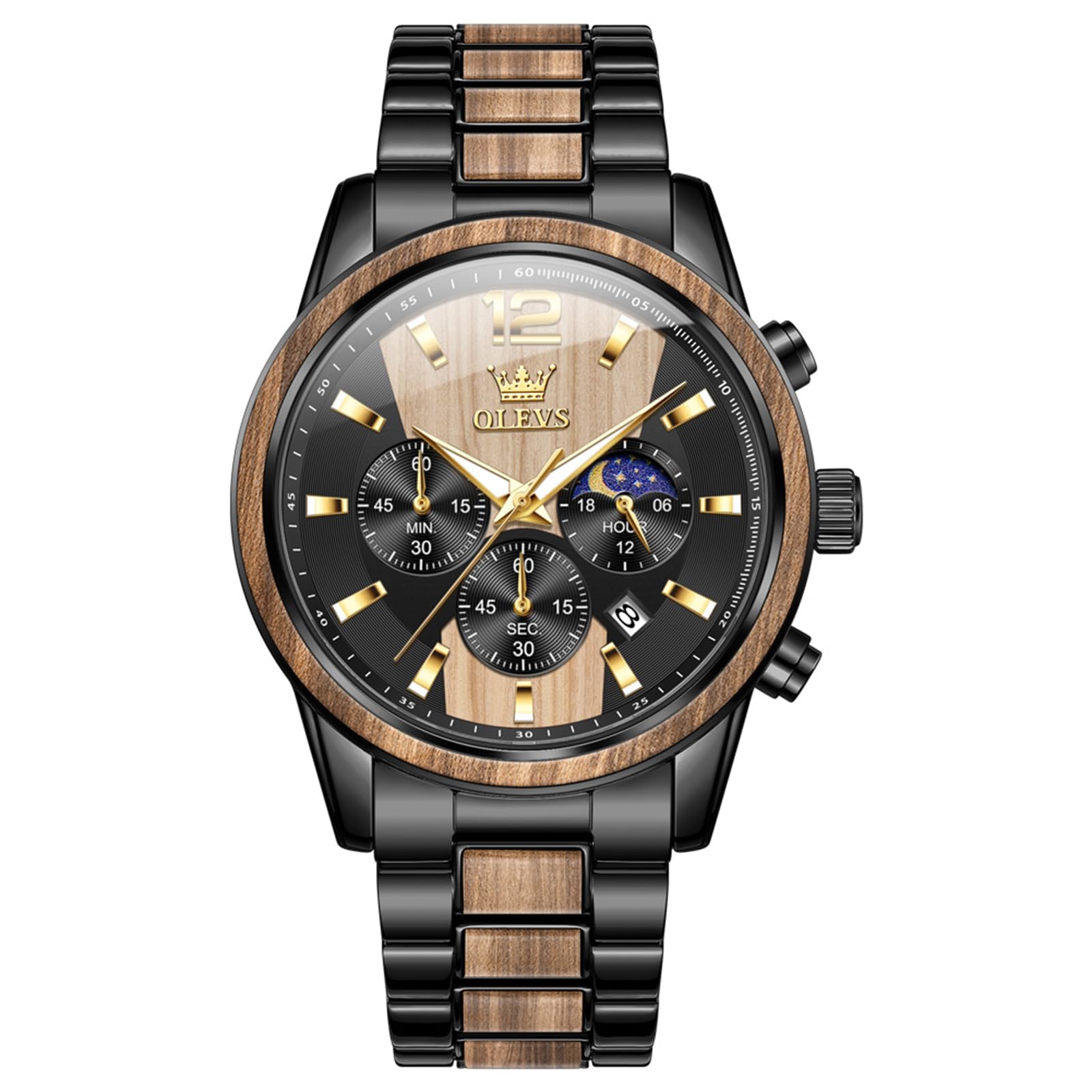 OLEVS Men Analog Quartz Waterproof Watches Multifunction Chronograph Diamond Moon Phase Luminous Silicone Band Wrist Watches