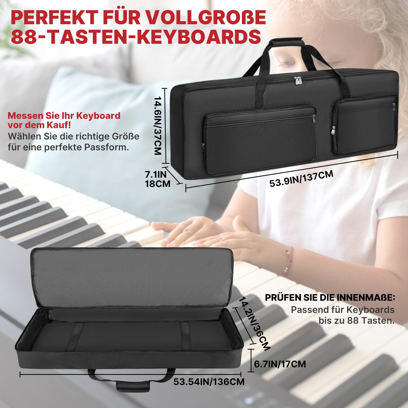 SUNDOY Custodia per tastiera – Gig Bag in robusto tessuto Oxford 600D, imbottitura in schiuma da 10 mm, perfetta per il trasporto di tastiere, accessori musicali e altro ancora (per pianoforte a 88