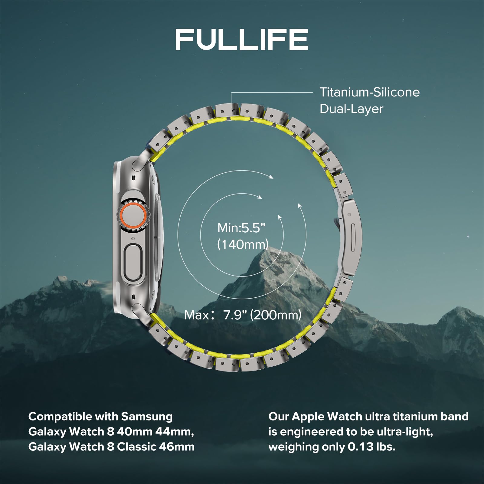 FULLIFE Bracelet magnétique en titane et silicone pour Apple Watch Ultra