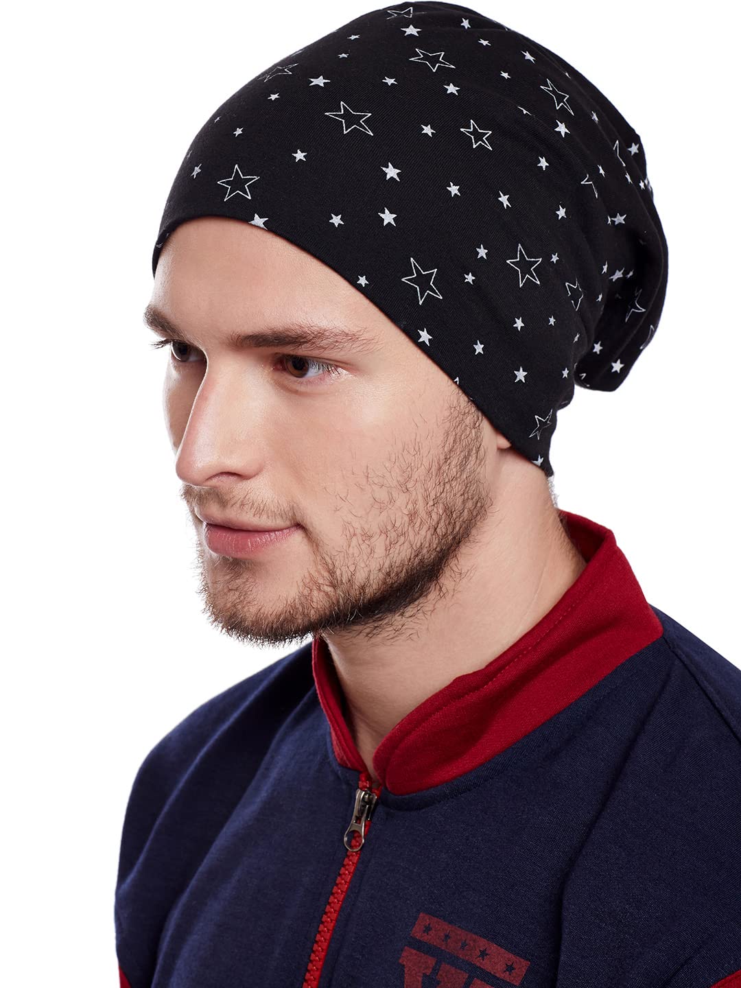 Mack Jonney Multicolor Cotton Blended Free Size Beanie Cap for Men(Pack of 2, Ring_Cap_PRT-No.2-Blk_PRT-No.1-Blk_02-New) 1