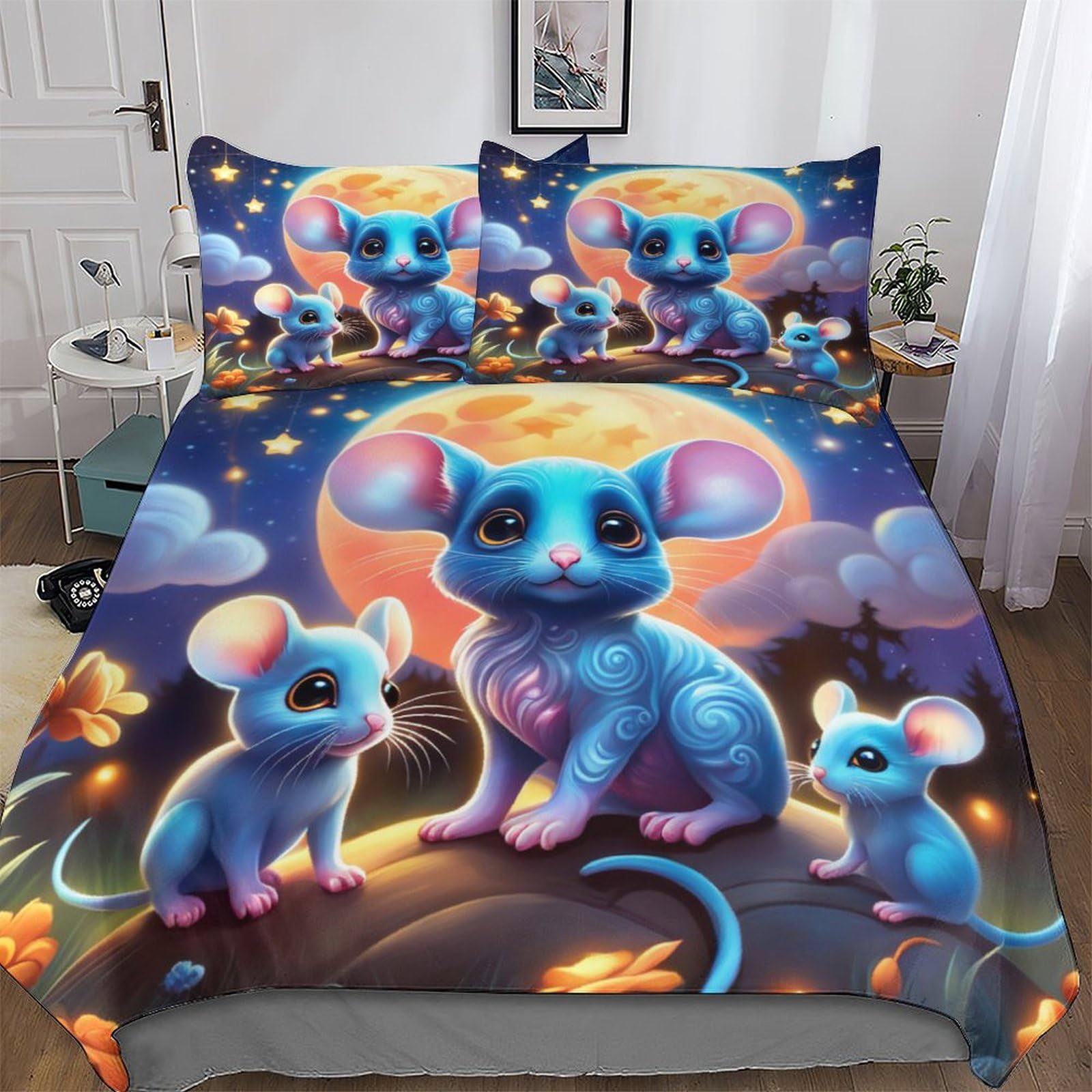 Cute Mouse Duvet Cover 3D Print Bedding Comforter Cover for Teens Boys And Girls Soft Brushed Microfiber Poly Cotton Quilt Cover 3-Piece with Pillowcase King (220x240cm)