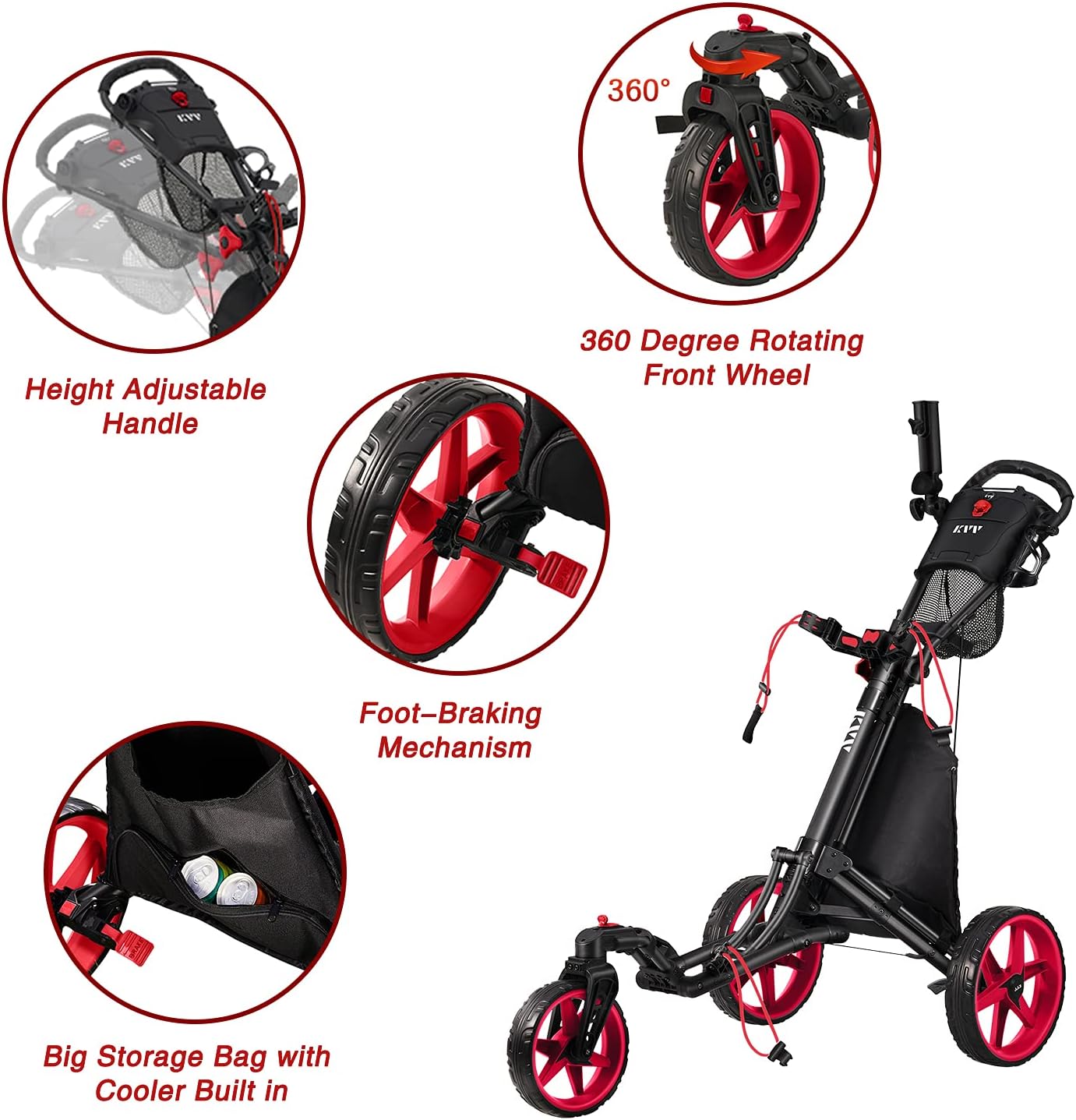 KVV 3 Wheel 360 Rotating Front Wheel Golf Push Cart Open and Close in ONE Second-Free Umbrella Holder Included - Image 5