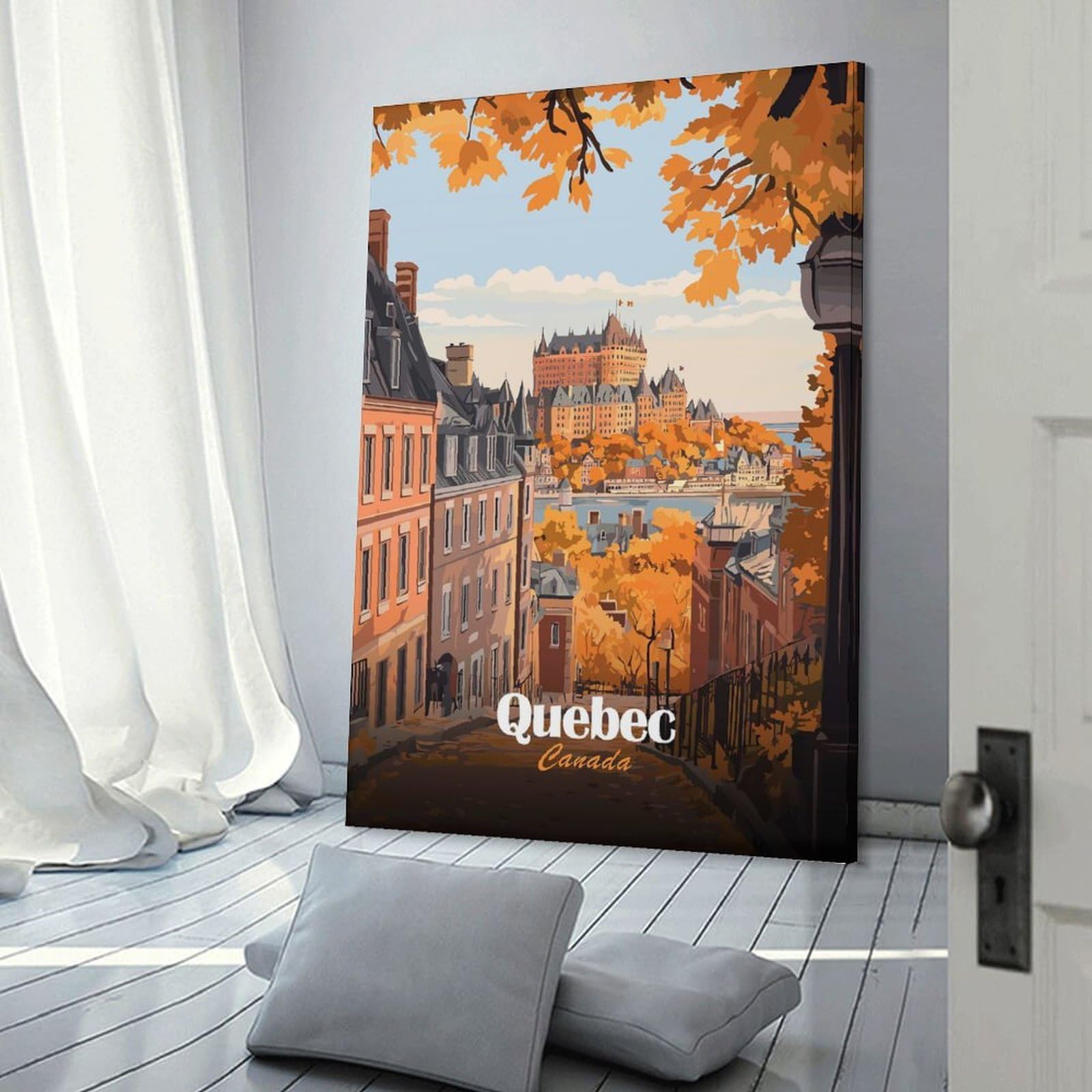 Junmoney Quebec City Autumn Travel Canvas Wall Decor 24x36inch(60x90cm), for Corridors, Hallways Or Apartment Entries, A Stylish Accent for Home Entrances