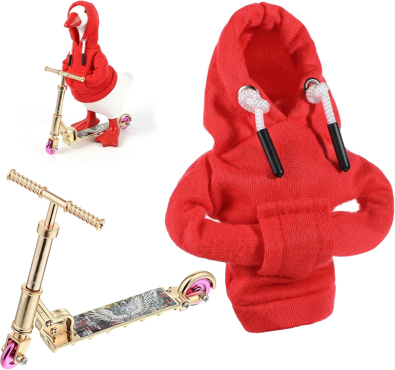 2 Pcs Desk Goose Outfits 7 Inches, Red Hoodie, Scooter, Mini Desk Goose Clothes Hoodies, Desks Gooses Accessories for Gooses Statue Table Decor