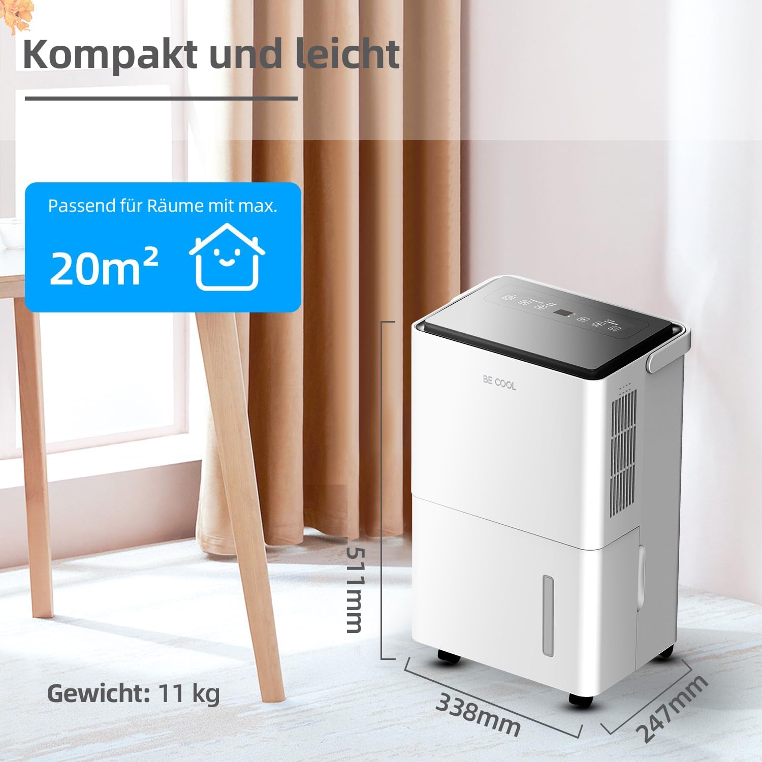 Image showing the compact dimensions of the Be Cool BC20LEF2301 Dehumidifier (511mm height, 338mm width, 247mm depth) and its suitability for rooms up to 20 square meters, with a weight of 11 kg.