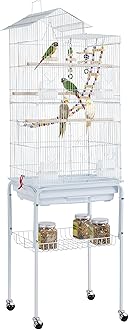 Yaheetech 62.5-inch Roof Top Flight Bird Cage for Parakeets Cockatiels Conures Finches Lovebirds Canaries Budgies Small Parrots, Large Birdcage with Detachable Rolling Stand, White