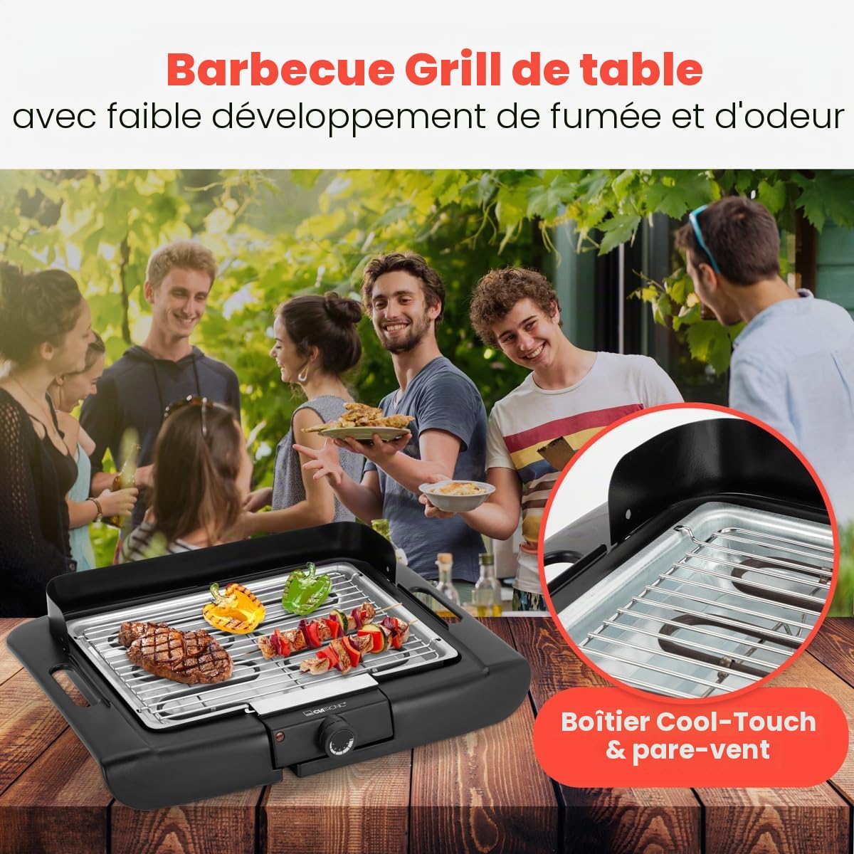 Barbecue de table Clatronic | Barbecue électrique | Balcon & cuisine | Barbecue électrique avec pare-vent | Barbecue avec grille chromée | Barbecue de table avec boîtier Cool Touch | BQ 3841