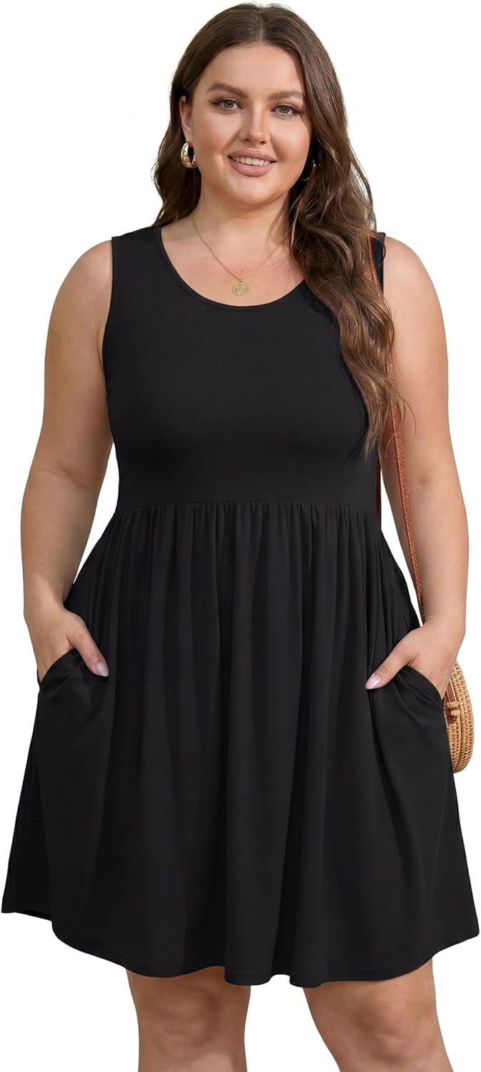 OLRIK Womens 2026 Plus Size Sundress A-Line Summer Sleeveless Knee Length Empire Waist T-Shirt Dress with Pockets - Image 2