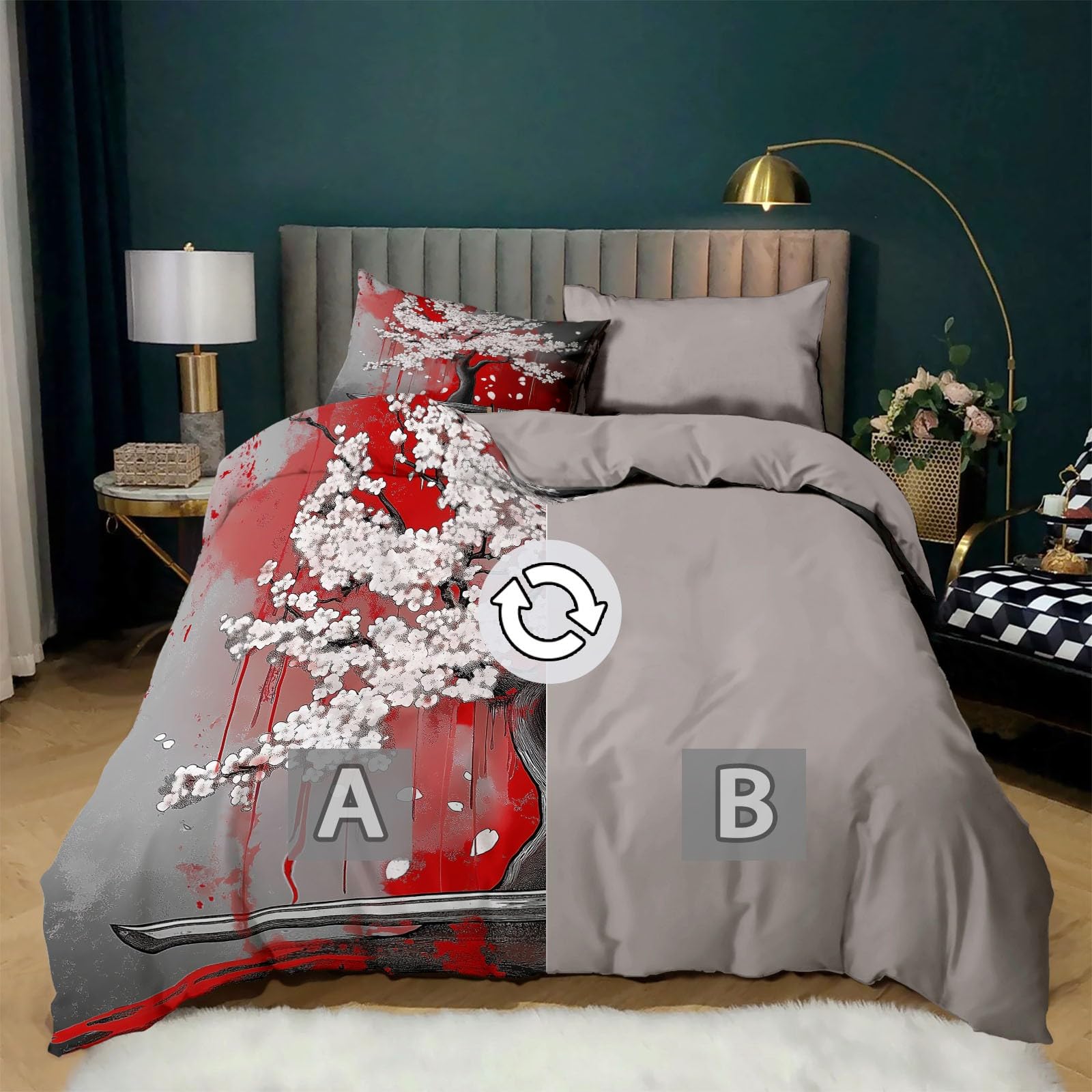 Juego de Fundas Nórdicas Suave 3 Piezas para Cama 105 - Cerezo japonés Patrón Funda Edredón Poliéster Algodón 200 x 200 cm + 2 Funda de Almohada 50x75, Patrón Moderna de Estampado, Gris pardo