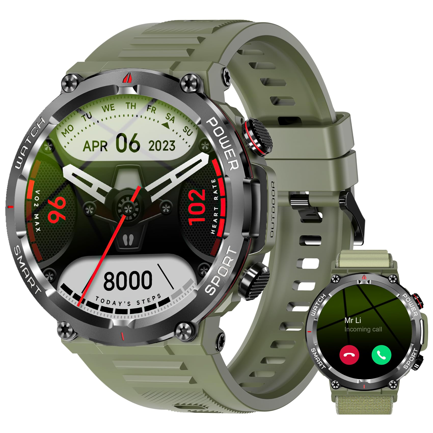 IOWODO Smartwatch Uomo,Orologio Fitness Chiamate Bluetooth,Smart Watch Militari Tracker con Cardiofrequenzimetro,SpO2, Monitoraggio del Sonno,100+ Modalità Sport Compatibile Android con iOS