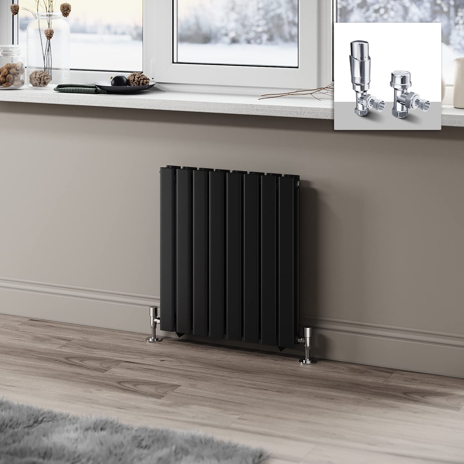 ELEGANT 600 x 544mm Radiator Black Horizontal Radiator Flat Panel Designer Radiator Double Panel Central Heating Radiator with Chrome Thermostatic Valves