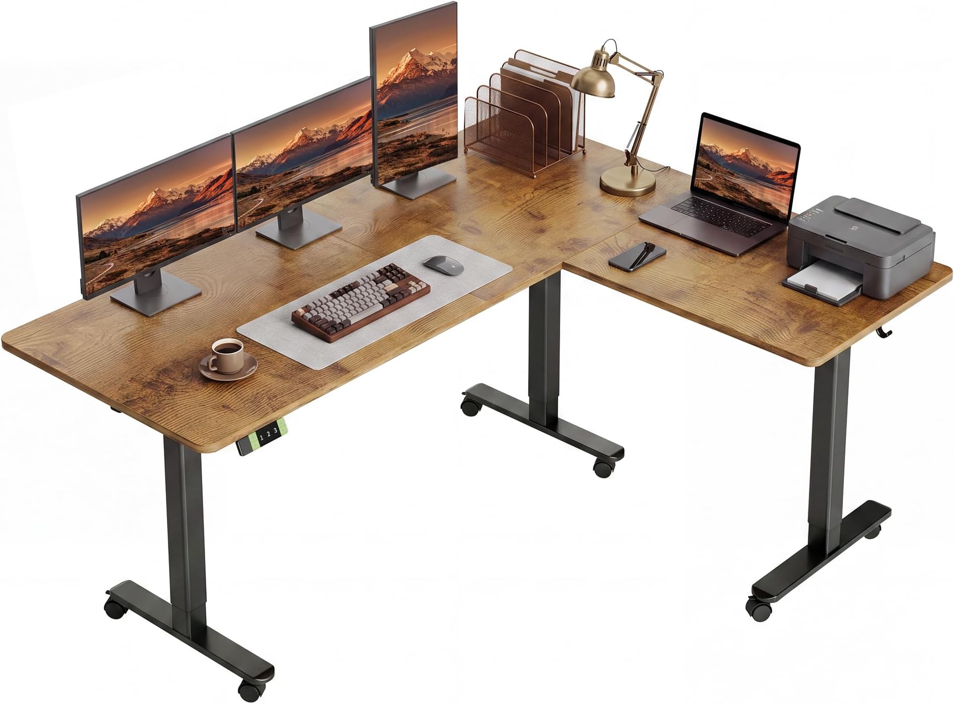 Claiks L Shaped Standing Desk Adjustable Height, Dual Motor Electric Corner Standing Desk, 63x55 inch Sit Stand up Desk with Splice Board, Rustic Brown