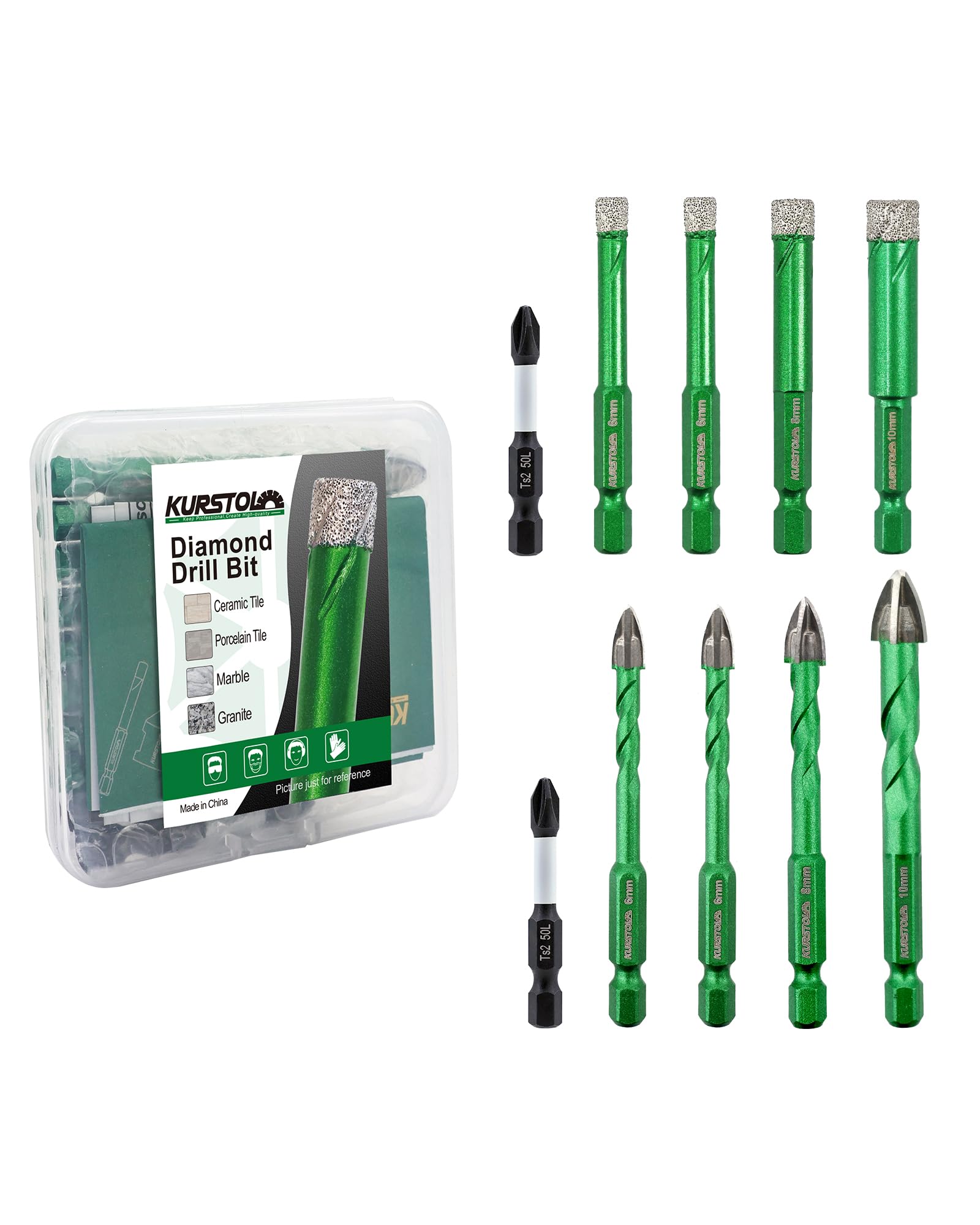 Diamond Drill Bits Set 10pcs - KURSTOL 6/8/10mm Tile Drill Bit with PH2 Screwdriver Bit for Porcelain Tile Ceramic Stone Granite Marble, Quick-fit Hex Shank