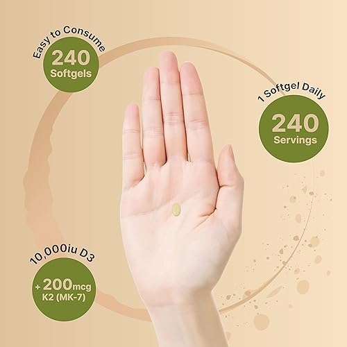 Miniatura 4 de NatureBell Vitamina D3 10,000 UI + K2 200 mcg, 240 cápsulas blandas  Fórmula diaria de alta potencia con aceite de coco  Apoyo óseo, corazón e