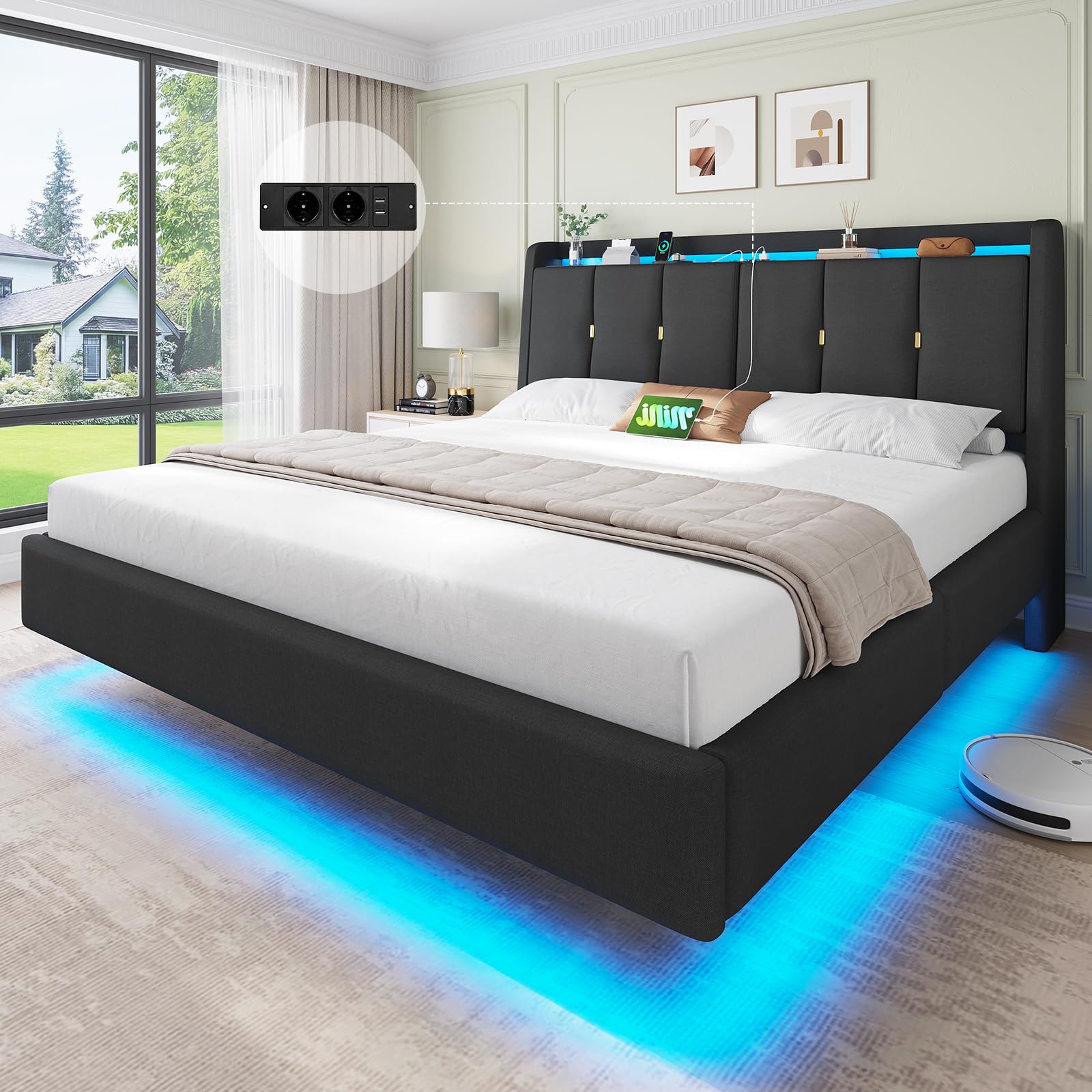 Brinlawb Lit Flottant 180x200 cm avec Dossier Confortable Incliné Rembourré et Rangement Caché, Lit 180x200 avec Sommier avec Éclairage LED et Multiprise (2 Prises AC, 1 USB-A et 1 USB-C) Lin Gris