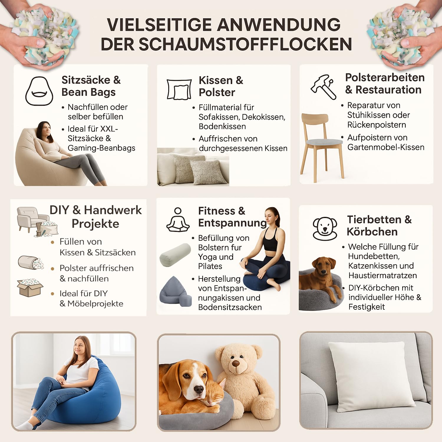 Schaumstoffflocken 5kg Füllmaterial für Kissen, Sitzsäcke und Polster – Weiche Schaumstoff Füllung für DIY, Möbel und Heimtextilien
