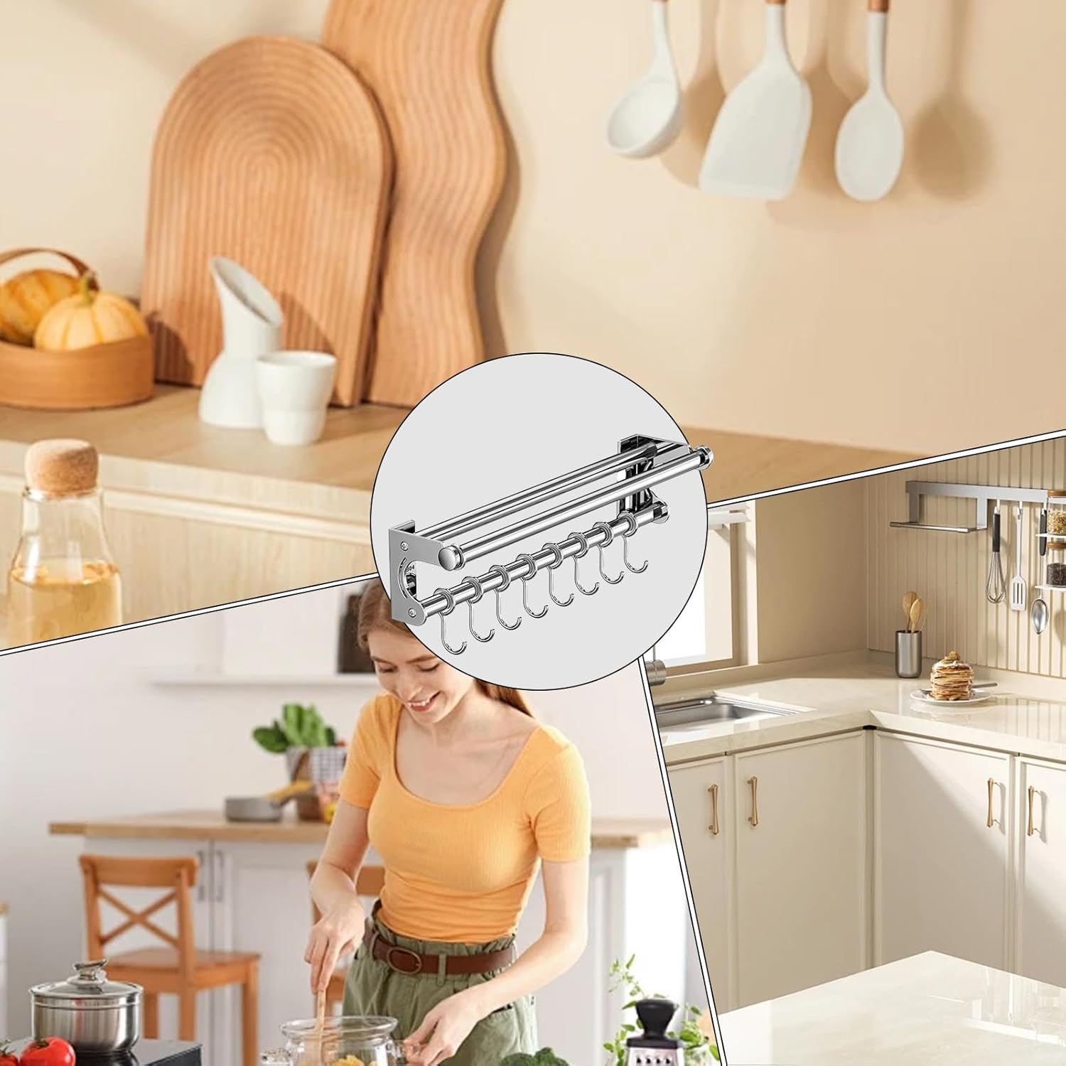 Stainless Steel Kitchen Utensil Racks - Kitchen Utensil Rack Wall Mount - Cutter Holder with Hooks - Pot Lid and Cutting Board Rack - No Drilling Kitchen Rail for Cutter