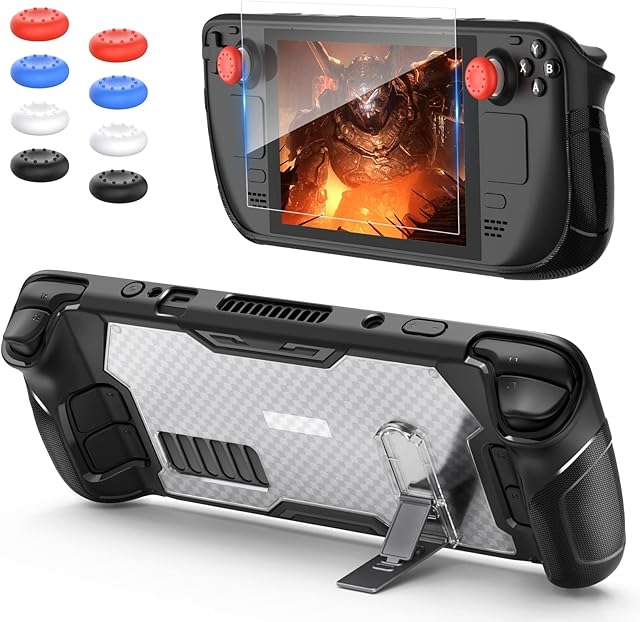 Upgraded Adjustable Kickstand Case for Steam Deck, FASTSNAIL TPU Protective Case with Zine-Alloy Stand, Non-Slip Anti-Collision Design Cover Accessories with Screen Protector and Thumb Grips