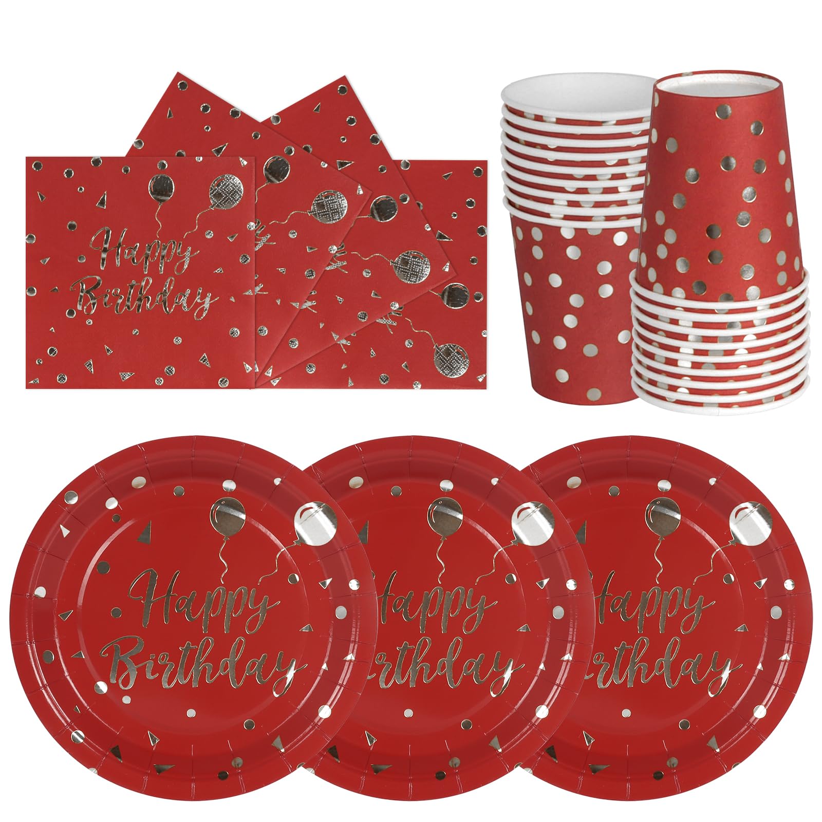 hailstones Wine Red Silver Dots Party Tableware Set for 24 Guests, Happy Birthday Party Plates Set, Disposable Plates Cups Napkins Paper Plates, Kids Men Women Birthday Decor — image 1