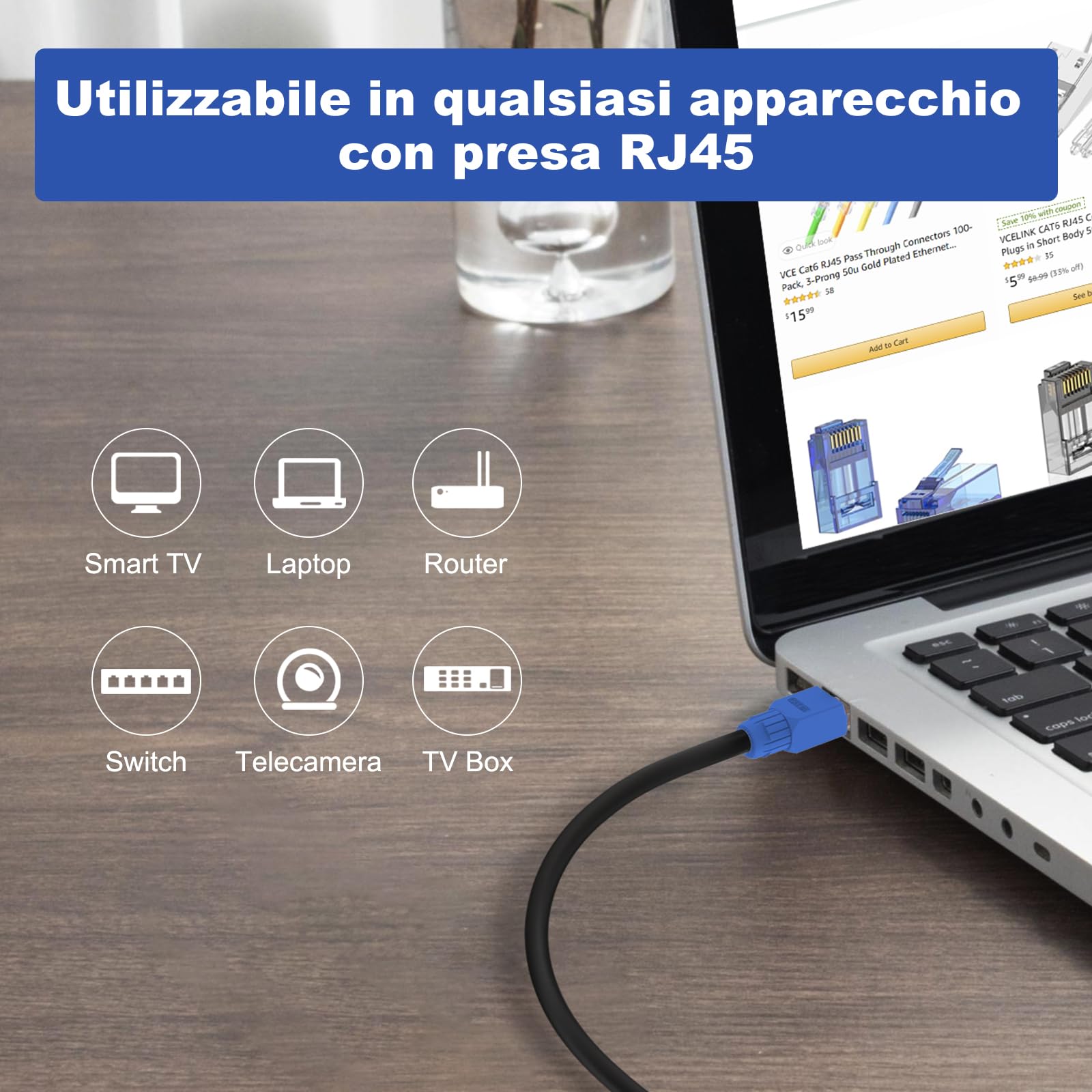 VCELINK Cat6A Connettori RJ45 Senza Attrezzi, 10Gbps/500MHz, UTP Plug Ethernet Placcato Oro Riutilizzabili per Router, Switch, Modem, PC, Facili da Installare, Blu, 4 Pezzi