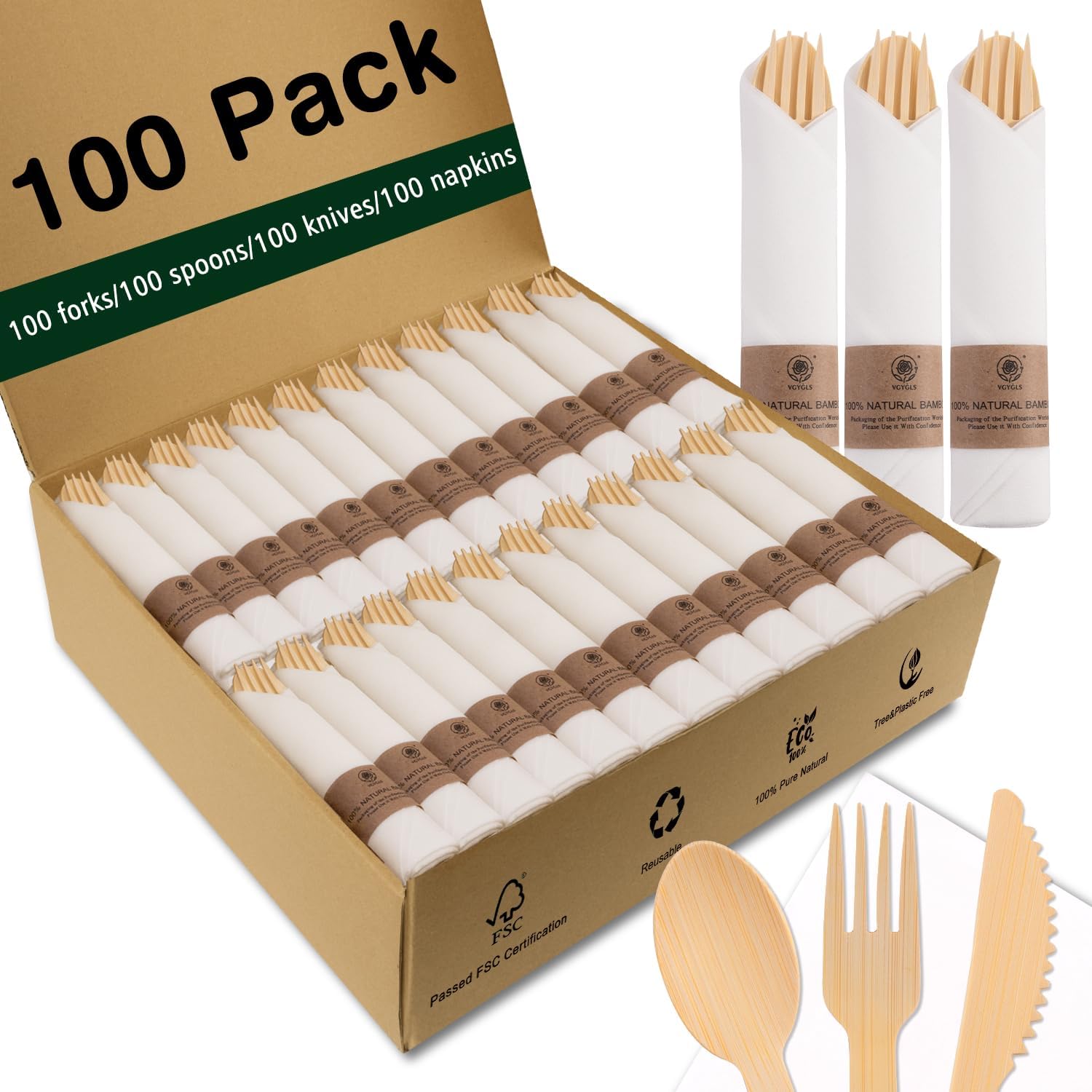 Bamboo Compostable Cutlery Set 100 Pack - Biodegradable Utensils with Forks, Knives, Spoons & Napkins - Eco Friendly Disposable for Wedding, Party & Camping