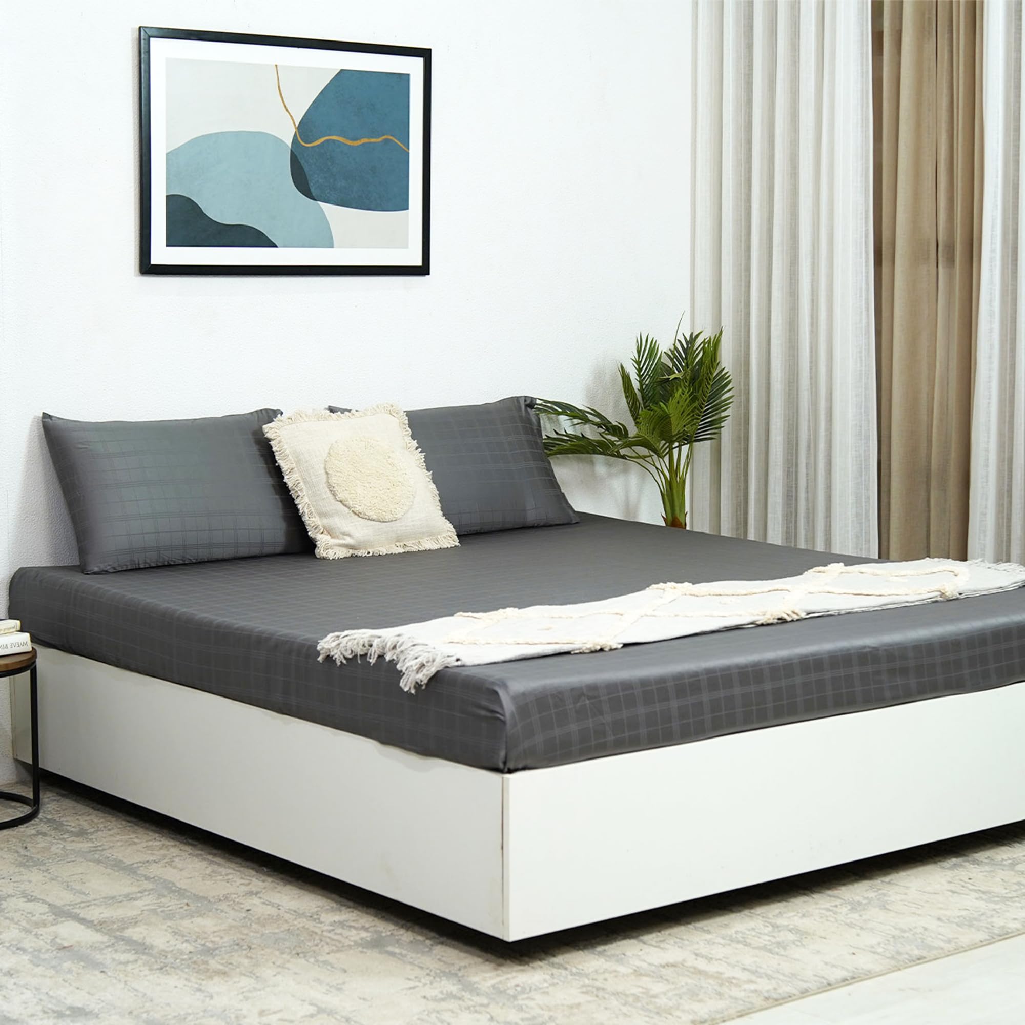 Bedsheet for King Size Bed, Viscose from Bamboo Silk Satin, Premium Luxury Hotel Bed Sheet, Soft & Comfort - Eco Friendly, Long Staple, King Bedsheet with 2 Pillow Cover (Charcoal Grey Check) (B0CLRQSNK5) Amazon Price History, Amazon Price Tracker