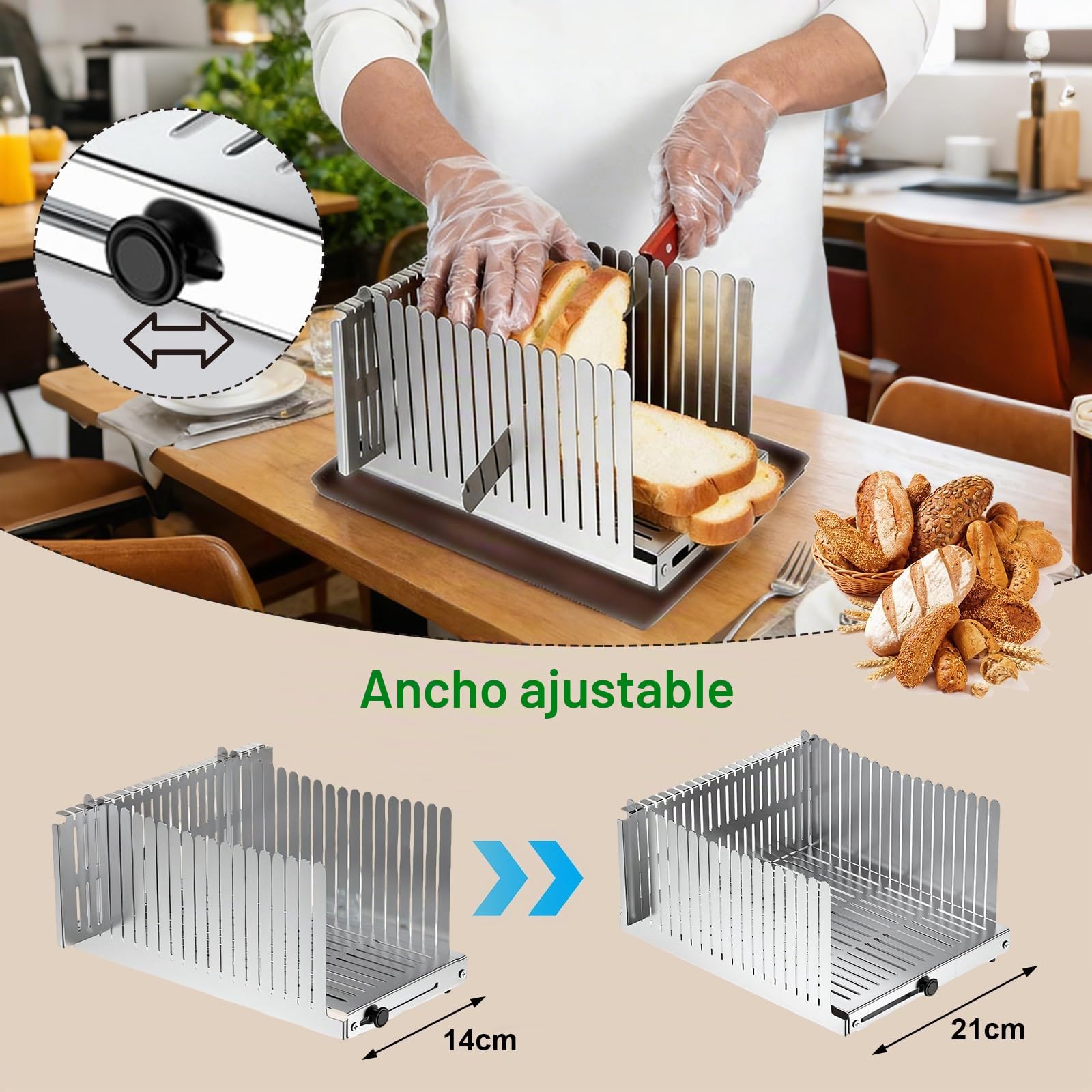 Rebanadora de Pan de Acero Inoxidable, Tabla Cortar Pan con Guía, Ancho Ajustable: de 14 a 21 cm, Grosor: 14 mm, Rebanadora de Pan Plegable para Bagels, Burritos, Tostada y Bizcocho