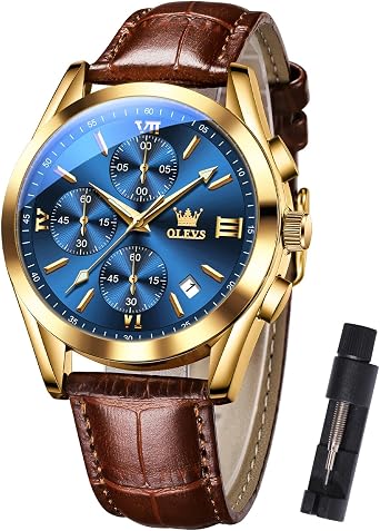 OLEVS Men's Waterproof Chronograph Watch Leather Strap Quartz Wristwatch Multi-Function Dial with Date Luminous Business Watches for Men