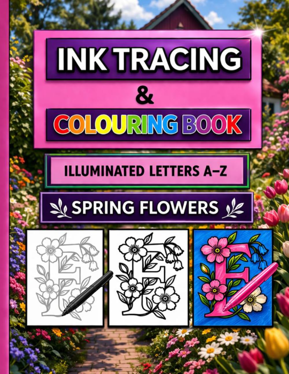 Ink Tracing and Colouring Book Illuminated Letters A-Z: Spring Flowers - Trace, Colour, and Create Luminous Letter Designs