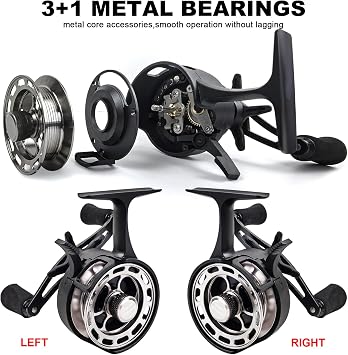 Ice Fishing Reels 3.2:1 Gear Ratio Ultra Smooth 3+1Ball Bearings Strength CNC-machined Aluminum Inline Ice Fishing Reel with Left/Right Hand Retrieve