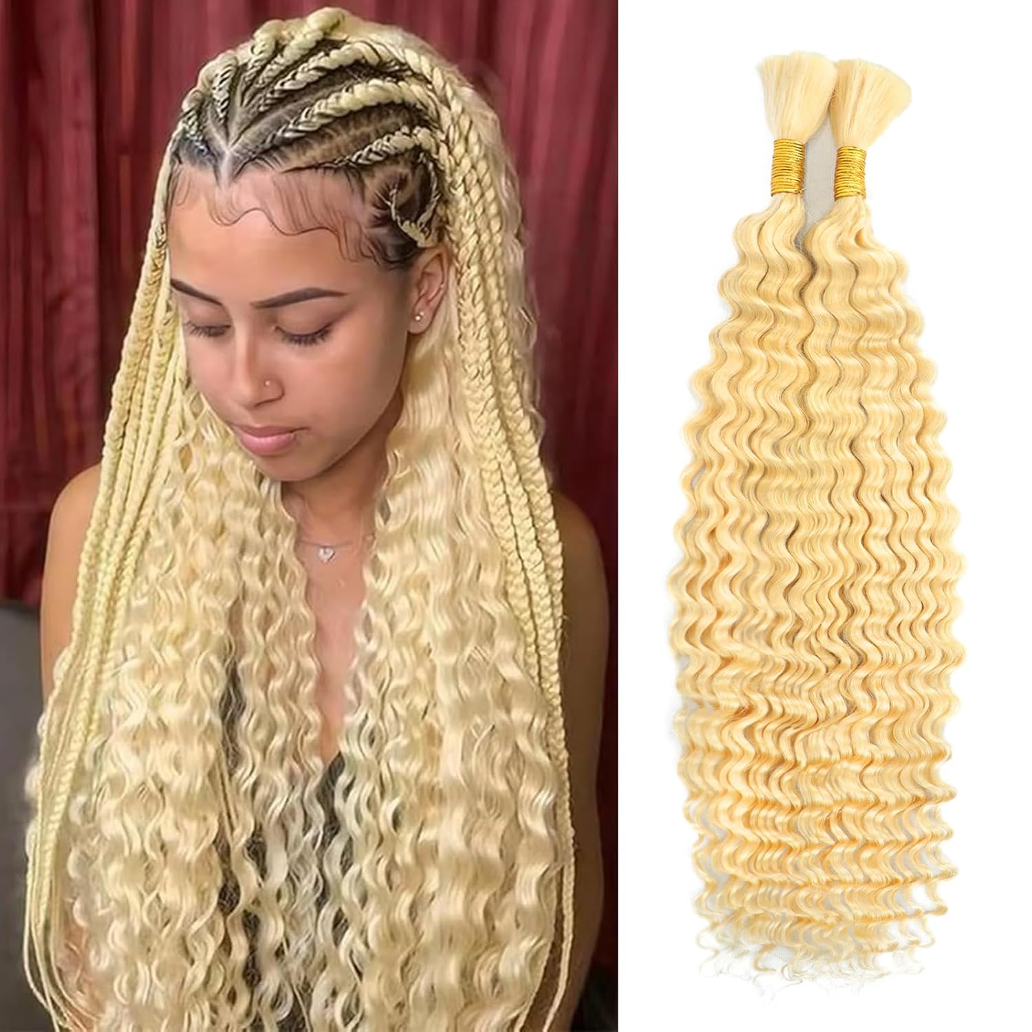613 Blonde Human Braiding Hair Bundle Deep Braiding Hair for Boho Braids Deep Curly Wave Bulk Human Hair for Braiding No Weft Wet and Wavy 613 Blonde Human Braiding Hair 100g 20 Inch