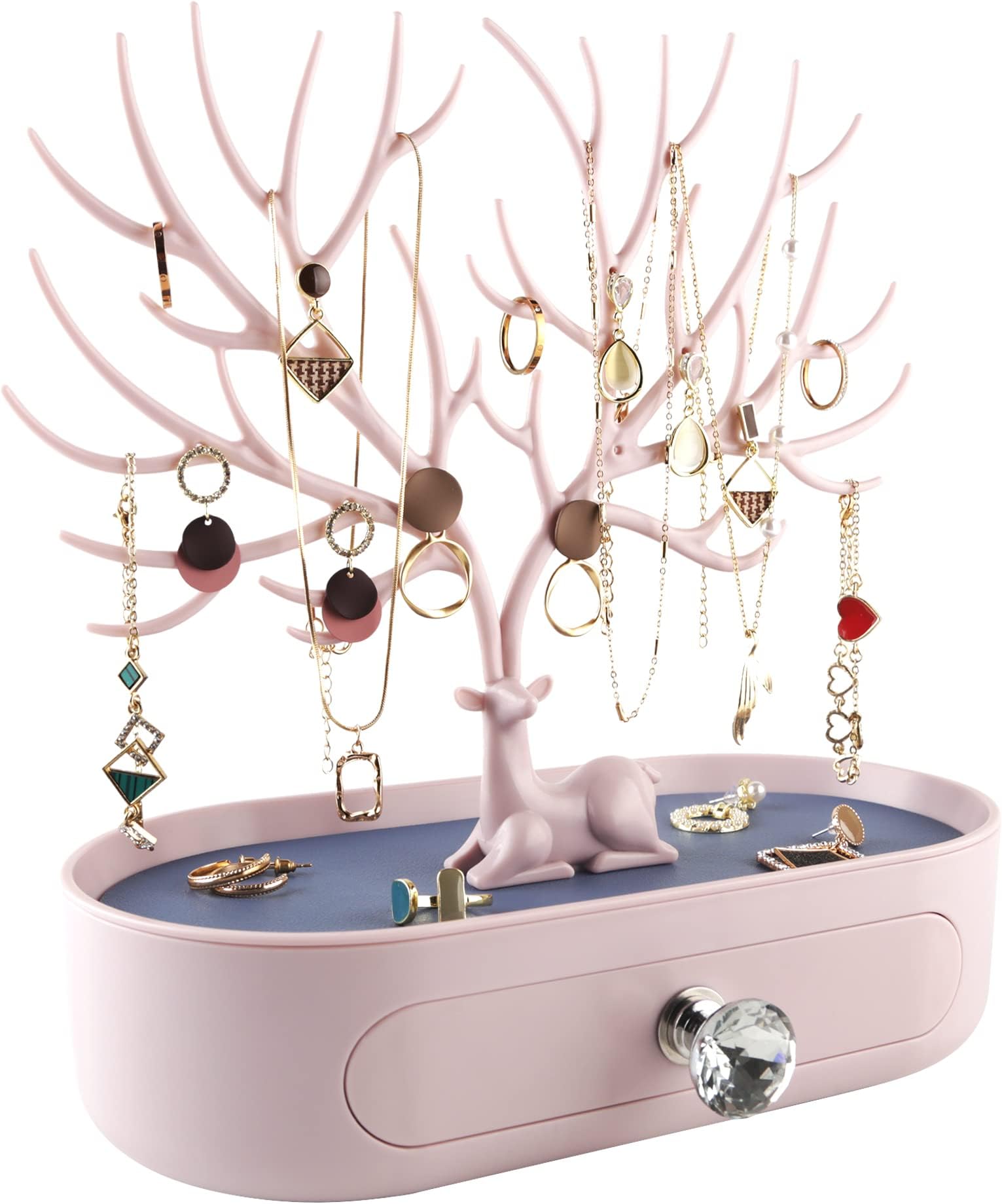 MORE&LESSMORE&LESS Jewelry Display Stand with Drawer and Crystal Handle, Tree Tower Rack Hanging Organizer for Ring Earrings Necklace Bracelet