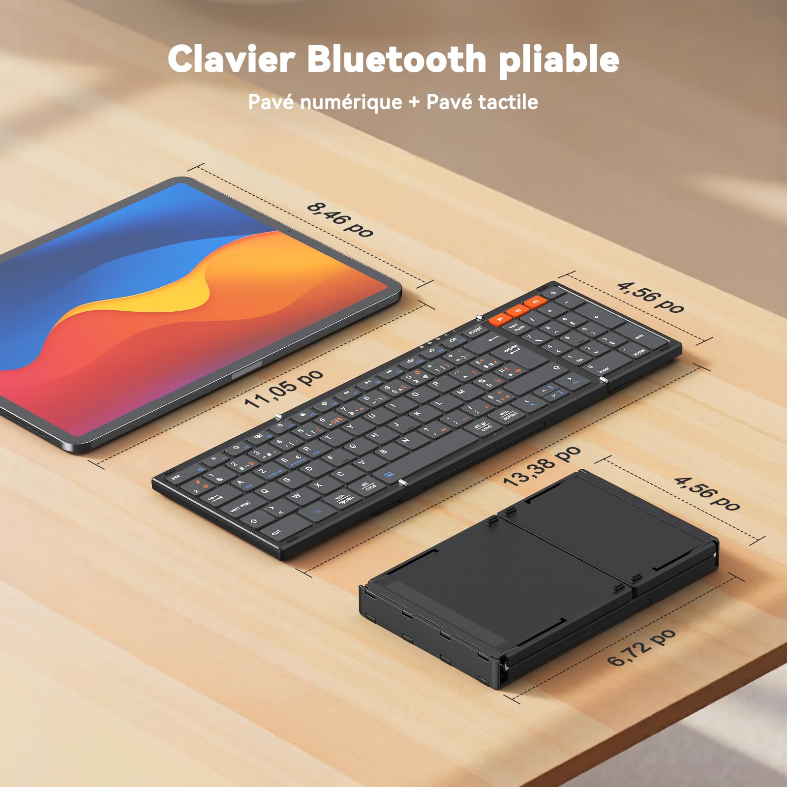 MEETION Clavier Bluetooth Pliable Avec Pavé Tactile, Clavier Portable Sans Fil AZERTY, Clavier Pliable Full-Size Rechargeable, Compatible Avec Android, Windows, iOS, Tablettes Et Ordinateurs Portables