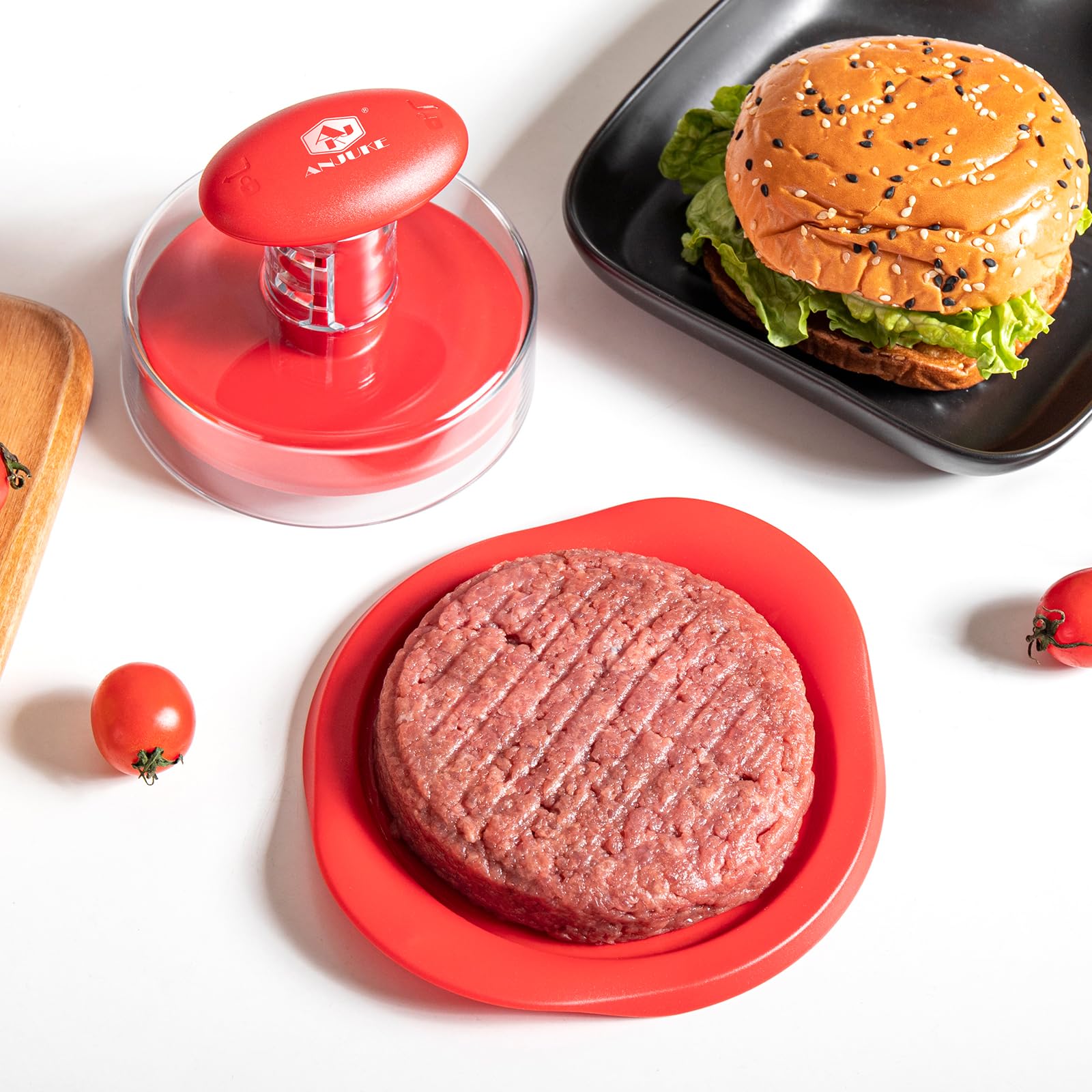 Burger Press, 6.4 inch Round Burger Smasher, 2 in 1 Non-Stick Burger Press Patty Maker for Making 1/2 lb and 1/4 lb BBQ Baking Stuffed Burgers Beef Burger(Red) — view 9