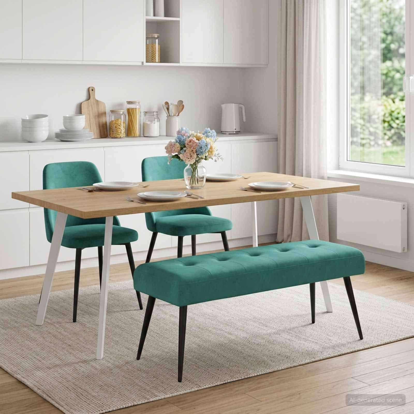 Sitzbank Samt Türkis - Elegante Polsterbank mit Knopfheftung, 110 x 40 x 46 cm - Moderne Bettbank und Flurbank mit Metallbeinen für Schlafzimmer und Wohnzimmer