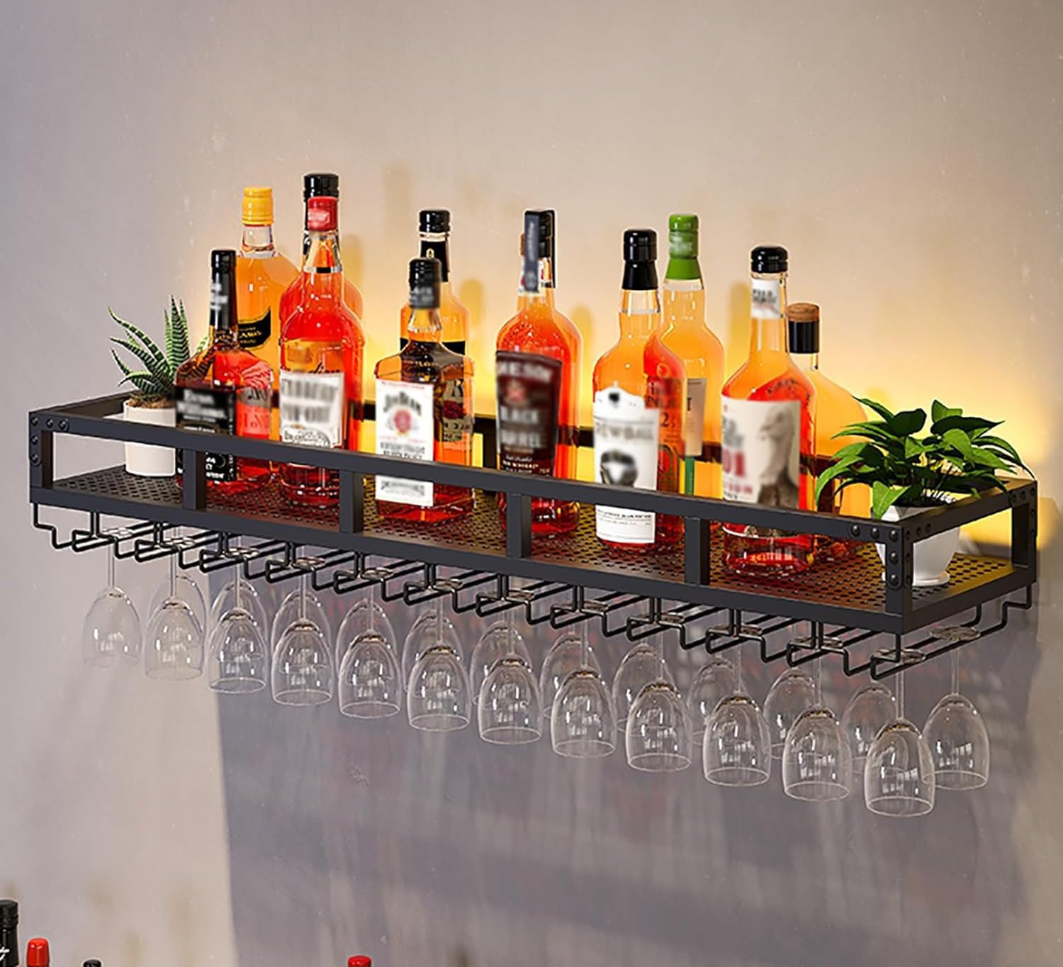 Étagères de bar murales haut de gamme avec porte-verres suspendu or