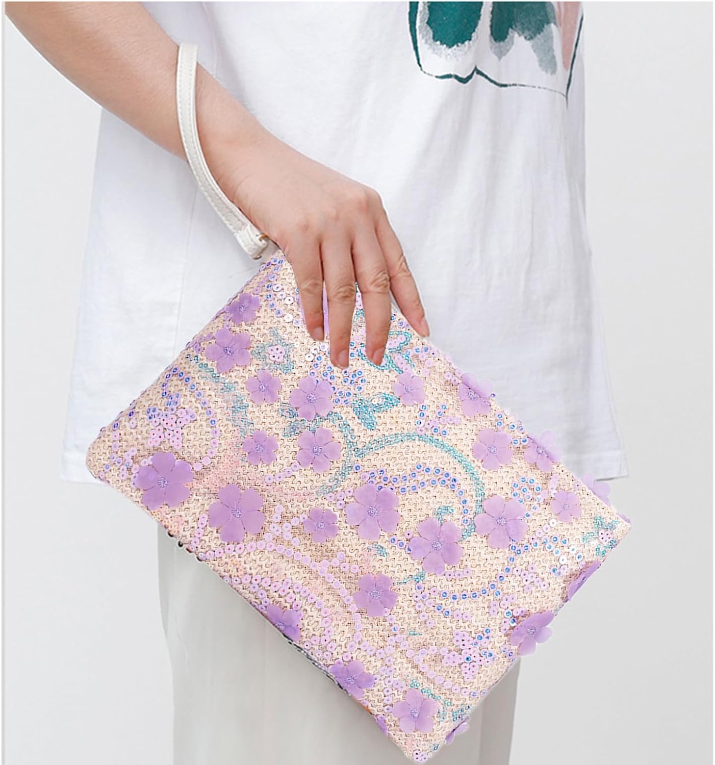 Clutch Purses for Women, Straw Bag, Bohemian Handmade Sequin Embroidered Flowers Envelope Package, Leather wristbands, Beach Handbags for Vacation, Travel, Banquet(Purple) - Image 2