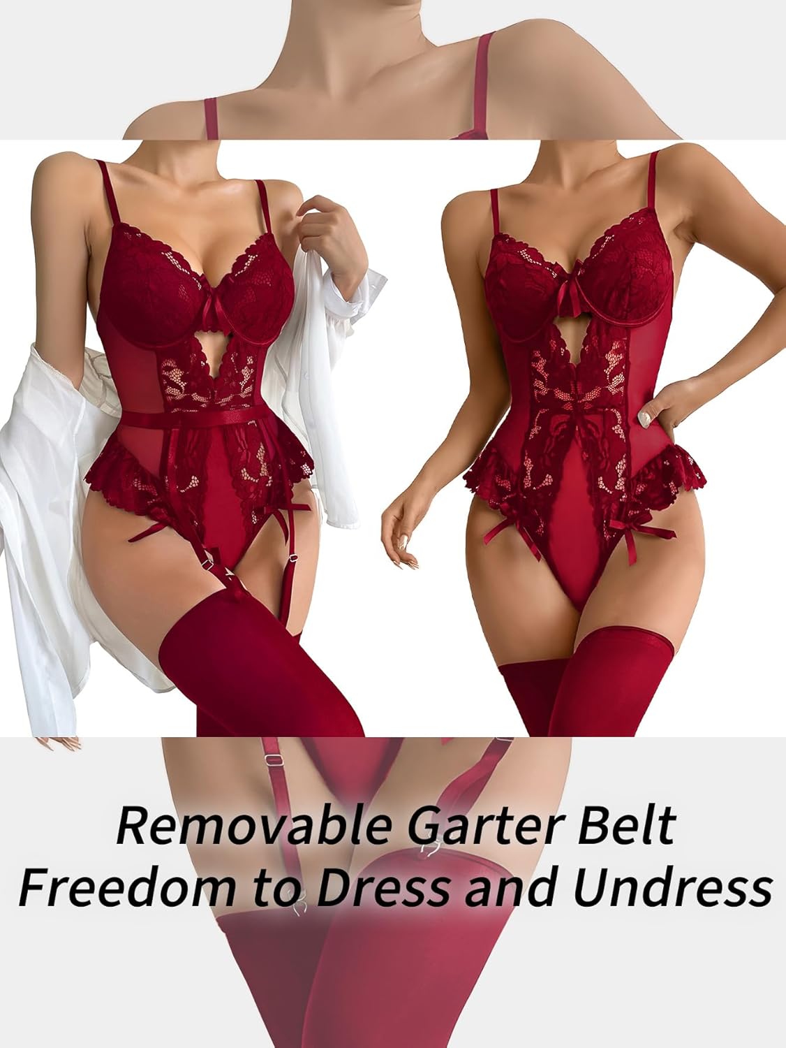 Lilosy Sexy Stocking Lace Mesh Bodysuit Top Underwire Garter Lingerie Set 3 Piece - Image 2