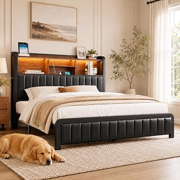 LoVinson Queen Bed Frame with 3-Tier Storage Headboard & LED Lights, Upholstered PU Leather Platform Bed with Charging Station, Metal Slats, No Box Spring Needed, Black