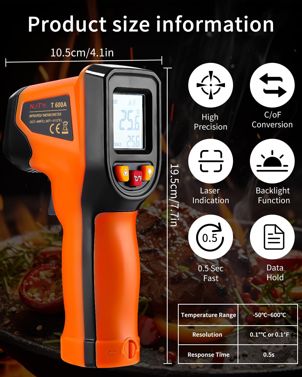 Termómetro Infrarrojo Digital -50℃~600℃ Pistola Temperatura Láser Sin Contacto con Pantalla LCD