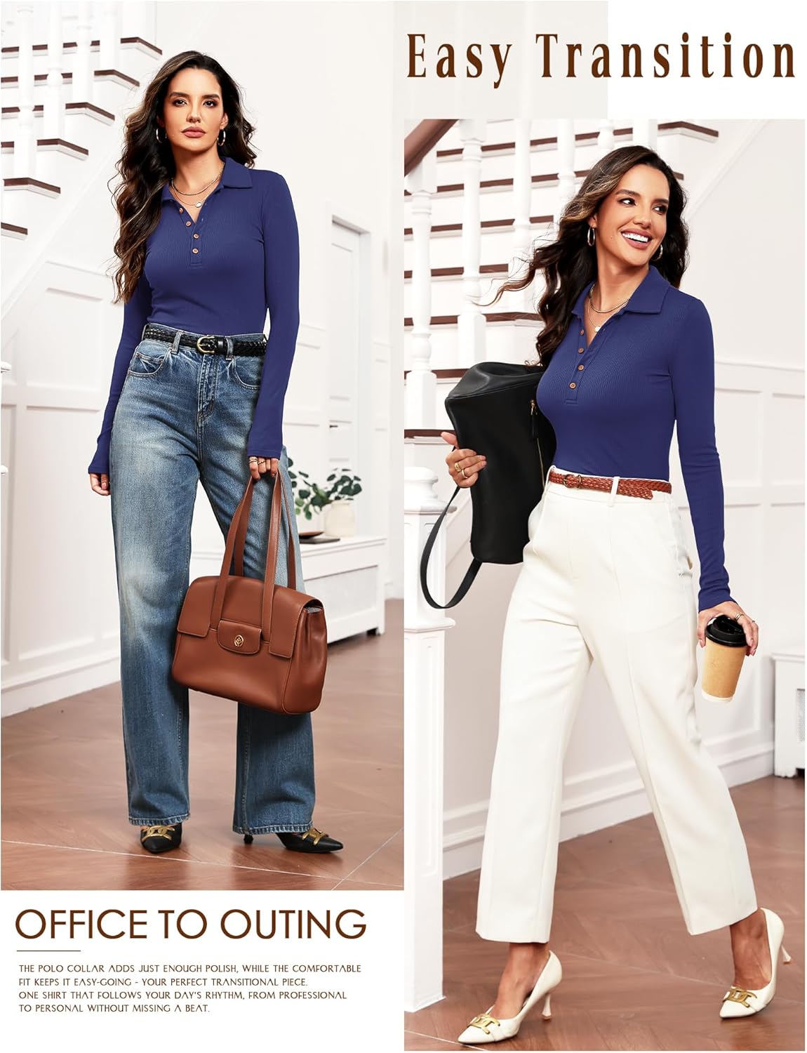 Women's Long Sleeve Business Casual Tops Collared V Neck Work Blouse 2025 Fall Button Fitted Polo Shirts - Image 4