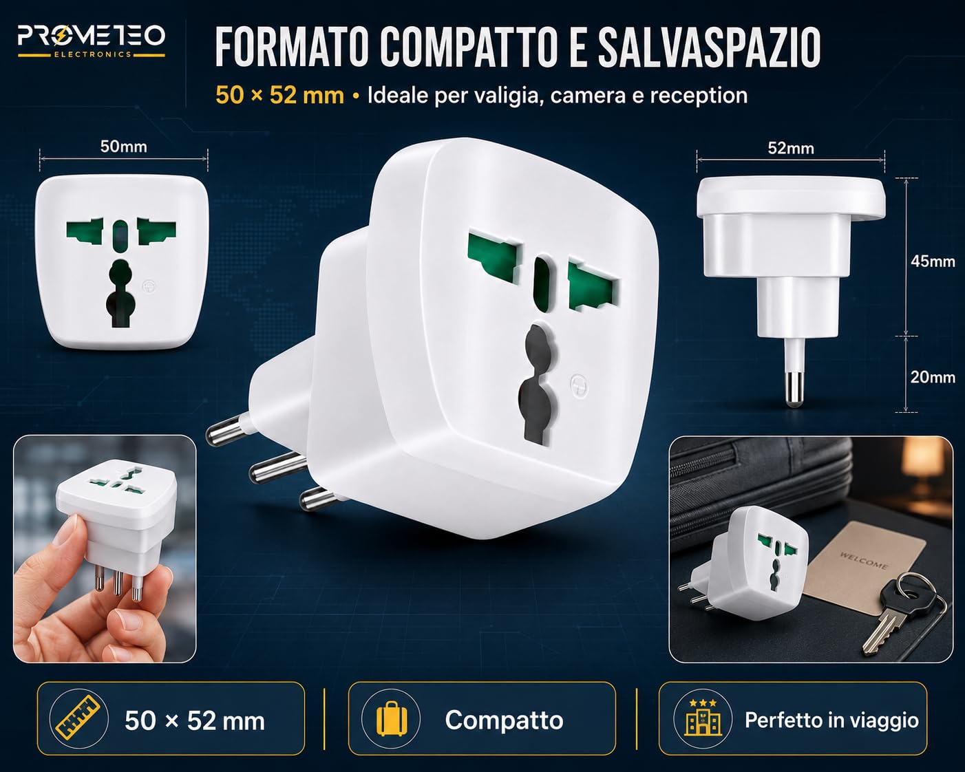 Set 6 Adattatore Universale da Viaggio Presa Mondo Spina Italiana 10A 1500W | Presa multistandard USA UK EU AUS Cina Giappone, per hotel B&B ospiti stranieri, compatto, non converte tensione