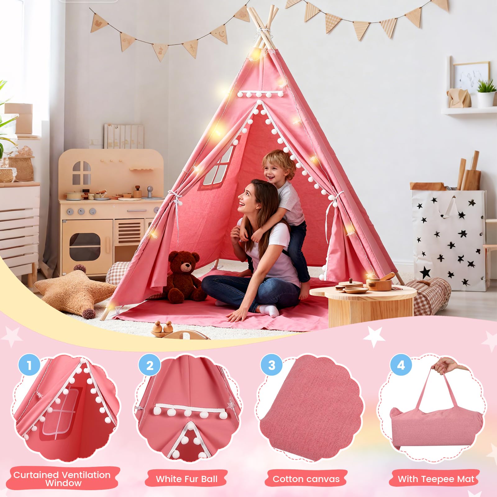 Tipi Zelt für Kinder 120x140cm, Tippi Kinderzelt Indoor Outdoor